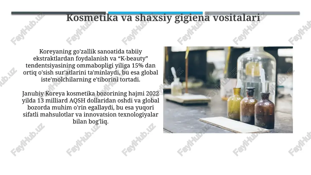 iya tejovchi texnologiyalarni qo'llab, kimyoviy o'g'itlar ishlab chiqarishda global raqobatbardoshlikni ta'minlaydi. farmatsevtika sanoati koreya farmatsevtika kompaniyalari global miqyosda 500 dan ortiq faol moddalarni ishlab chiqarish va sotish bilan shugʻullanib, eksport hajmini yildan-yilga kengaytirmoqda. mamlakatda 1000 dan ortiq farmatsevtika korxonasi faoliyat koʻrsatib, biofarmatsevtika va gen terapiyasi kabi yuqori texnologiyalarni qoʻllab, innovatsion dori vositalarini ishlab chiqarishga e'tibor qaratmoqda. kimyoviy xom ashyo import va eksport janubiy koreya 2023-yilning birinchi choragida $10 milliarddan ortiq kimyoviy mahsulotlar eksport qilib, asosan yaponiya va aqshga yuborgan. janubiy koreyaning kimyoviy xom ashyo importida 2022-yilda xitoydan keltirilgan mahsulotlarning ulushi 30% dan oshgan bo'lib, bu umumiy import hajmining sezilarli qismini tashkil etadi. davlat siyosati va qo'llab-quvvatlash milliy tadqiqot va rivojlantirish dasturlari orqali janubiy koreya kimyo sanoatining ilg'or texnologiyalarni o'zlashtirishini qo'llab-quvvatlaydi, bu esa 2025-yilga qadar patentlar sonini 15% ga oshirishga qaratilgan. janubiy koreya hukumati kimyo sanoatini rivojlantirish uchun 2023-yilga qadar 5 milliard aqsh dollaridan ortiq mablag'ni sarflashni rejalashtirgan, bu esa innovatsion …