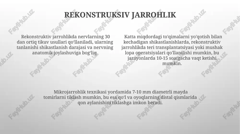 iqoti (ncs) qo'llaniladi, bu usullar nerv impulslarining tezligini o'lchab, shikastlanish darajasini 1-4 ball shkalasi bo'yicha aniqlash imkonini beradi. periferik tomir va nerv shikastlanishlarini aniqlashda doppler ultratovush tekshiruvi qon oqimining tezligini va tomir lümenining torayishini aniqlashda muhim ahamiyatga ega bo'lib, 90% dan ortiq aniqlikka ega. jismoniy tekshiruv paytida sensorli va motorli funksiyalarni baholash, shuningdek, reflekslarning mavjudligi yoki yo'qligi va og'riq darajasi (0-10 ball shkalasi bo'yicha) shikastlanish darajasini aniqlashga yordam beradi. travmatik shikastlanishlarning tasnifi travma natijasida yuzaga kelgan periferik tomir va nerv shikastlanishlari og'irlik darajasiga (i-iii daraja) va shikastlanish mexanizmi (kesilgan, ezilgan, yirtilgan) bo'yicha tasniflanadi. tomir shikastlanishlarining tasnifi, qon ketish xususiyatlari (arterial, venoz, kapillyar), tomir devorining shikastlanish darajasi (to'liq yoki qisman) va tromboz xavfi kabi omillarni hisobga oladi. periferik nervlarning shikastlanishiga ko'ra, nevinson tasnifi (i-v darajalar) nervning funksiyasi va anatomik butunligiga qarab shikastlanish og'irligini aniqlashda qo'llaniladi. shikastlanish mexanizmlari kesuvchi yoki sanchuvchi asboblar bilan olingan jarohatlar ko'pincha nerv va qon tomirlarining aniq, cheklangan …