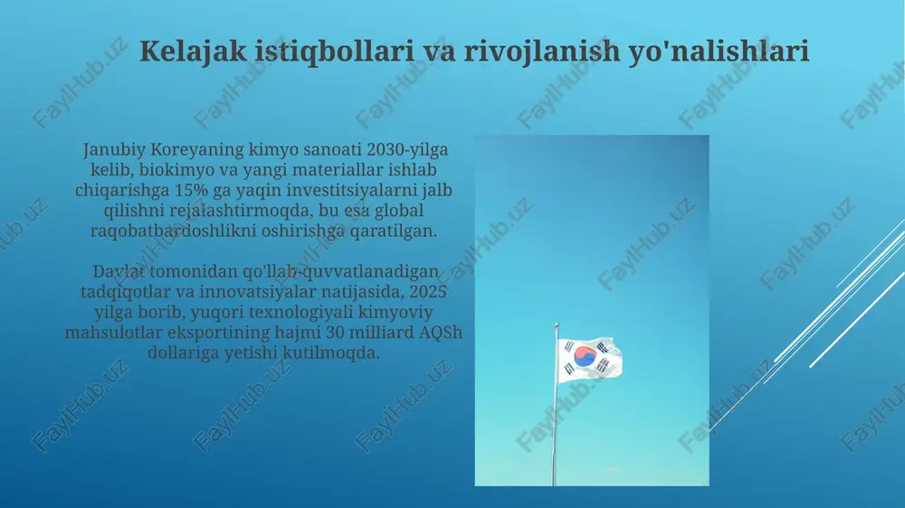 -muhitga bo'lgan ta'sirni kamaytirishga yordam beradi. janubiy koreyaning plastik va polimerlar ishlab chiqarish hajmi yiliga 20 million tonnadan oshadi, bu mamlakatning jahon bozoridagi ulushiga sezilarli hissa qo'shadi. janubiy koreyaning kimyo sanoati: umumiy nuqtai janubiy koreya kimyo sanoati jahon bozorida 5% dan ortiq ulushga ega bo‘lib, yillik 50 milliard aqsh dollaridan ortiq qiymatga ega mahsulot ishlab chiqaradi. janubiy koreyaning kimyo sanoati yuqori texnologiyalar va innovatsiyalarni qo‘llash orqali yillik o‘sish sur’atini 3-5% oralig‘ida ushlab turib, global raqobatbardoshligini ta’minlaydi. asosiy kimyoviy mahsulotlar ishlab chiqarish mamlakatning petrokimyo zavodi quvvatlari yiliga 10 million tonnadan ziyod benzol va toluen kabi aromatik birikmalar ishlab chiqarishga qodir. janubiy koreya yillik 50 million tonnadan ortiq polietilen ishlab chiqaradi, bu mamlakatning global kimyoviy bozoridagi kuchli mavqeini ko'rsatadi. petrokimyo mahsulotlari bozori mamlakatning etilen, propilen va benzen kabi asosiy petrokimyo xom ashyolarini ishlab chiqarish hajmi yiliga bir necha million tonnani tashkil etadi. koreyaning petrokimyo mahsulotlari eksportining 60% dan ortig'i osiyo-tinch okeani mintaqasi …