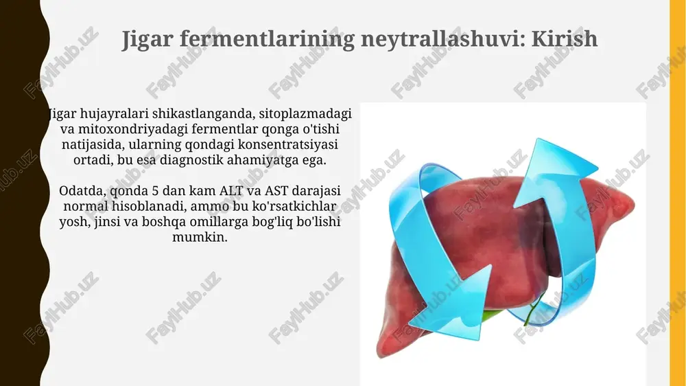 aratlarni ishlab chiqishda nanotexnologiyalarni qo'llash orqali fermentlar faolligini 20-30% ga kamaytirish mumkin. jigar fermentlarining neytrallashuv mexanizmlari jigar fermentlarining neytrallashuvida faol kislorod turlarining (ros) roli muhim boʻlib, ularning miqdori 5-10 marta oshishi hujayra shikastlanishiga olib keladi. sitoxrom p450 fermentlari sistemasining induksiyasi yoki inhibisiyasi jigar fermentlari faolligini 20-30% ga oʻzgartirishi mumkin, bu esa dorilarning metabolizmini oʻzgartiradi. e'tiboringiz uchun rahmat @taqdimot_robot image1.jpg image2.jpg image3.jpg image4.jpg image5.jpg image6.jpg image7.jpg image8.jpg image9.jpg image10.jpg image11.jpg image12.jpg image13.jpg image14.jpg image15.jpg