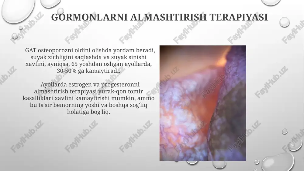 progesteronning funksiyalari progesteron, luteinlashtiruvchi gormon (lh) bilan birgalikda, tuxumdonlarda follikulning yorilishini va sariq tananing hosil bo'lishini rag'batlantiradi, bu esa estrogen va progesteronning qo'shimcha sintezini ta'minlaydi. progesteronning asosiy funksiyalaridan biri – sutemizuvchilar ayolining tanasida ovulyatsiyadan keyin endometriumni saqlash va homiladorlikni qo'llab-quvvatlash bo'lib, bu jarayon progesteronning qon darajasiga bog'liq. hayz sikli va gormonlar hayz siklining 28 kunlik o'rtacha davomiyligi bo'lib, u follikulyar, ovulyatsiya va luteal fazalarga bo'linadi, har bir faza turli gormonlar darajasining o'zgarishi bilan tavsiflanadi. hayz siklining buzilishi, masalan, oligomenoreya (kam hayz ko'rish) yoki amenoreya (hayz ko'rmaslik), gormonlar muvozanatining buzilishi, stress yoki tibbiy holatlar bilan bog'liq bo'lishi mumkin. testosteronning funksiyalari testosteron qizil qon tanachalari (eritrotsitlar) hosil bo'lishini kuchaytiradi, gematokrit darajasini 5-10% ga oshiradi va kislorod tashishini yaxshilaydi. testosteron erkaklarda mushak massasi va kuchini rivojlantirishda muhim gormon bo'lib, 30% gacha mushak o'sishini ta'minlaydi. e'tiboringiz uchun rahmat @taqdimot_robot image3.png image4.jpg image5.jpg image6.jpg image7.jpg image8.jpg image9.jpg image10.jpg image11.jpg image12.jpg image13.jpg image14.jpg image15.jpg image16.jpg image17.jpg …