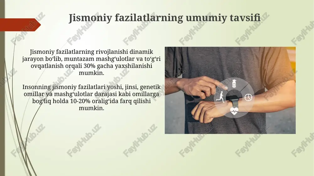 uldan (masalan, testlar, kuzatuvlar, o'lchovlar) foydalanish aniq va ishonchli natijalar olish imkonini beradi. reaksiya tezligining rivojlanishi reaksiya tezligi 7-12 yosh oraligʻida sezilarli darajada oshadi, bu miya sohalari oʻrtasidagi neyron bogʻlanishlar sonining koʻpayishi bilan bogʻliq. sportchilarning reaksiya tezligi, oʻrtacha odamga nisbatan 20-30% yuqori boʻlishi mumkin, bu maxsus mashqlar va genetik omillar taʼsiri natijasidir. mashgʻulotlarni rejalashtirish mashgʻulotlar haftasiga 3-4 marta, har bir mashgʻulot taxminan 60-90 daqiqa davom etishi va yengillik va ogʻirlikni oʻzgartirib, tsiklli rejani amalga oshirish tavsiya etiladi. mashgʻulotlarni rejalashtirishda yoshga, jismoniy tayyorgarlik darajasiga va sport turiga mos ravishda 3-5 ta asosiy jismoniy sifatlarni rivojlantirishga qaratilgan mashqlarni kiritish kerak. e'tiboringiz uchun rahmat @taqdimot_robot image1.jpg image2.jpg image3.jpg image4.jpg image5.jpg image6.jpg image7.jpg image8.jpg image9.jpg image10.jpg image11.jpg image12.jpg image13.jpg image14.jpg image15.jpg image16.jpg image17.jpg