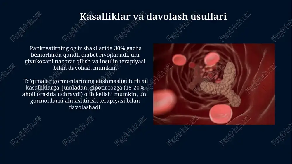 ari, masalan, renin-angiotenzin-aldosteron tizimi, qon bosimini tartibga solishda muhim rol o'ynaydi va uning buzilishi gipertenziya kabi kasalliklarga olib kelishi mumkin. tromboksanlar va prostasiklinlar kabi trombotsitlar tomonidan ishlab chiqarilgan to'qima gormonlari qon ivish jarayonida ishtirok etadi va ularning nomutanosibligi tromboz yoki qon ketish xavfini oshiradi. sitokinlar va ularning vazifalari transforming o'sish faktori-beta (tgf-β) kabi sitokinlar hujayralar o'sishini, differentsiatsiyasini va apoptozini (hujayra o'limini) tartibga soladi, to'qimalarning ta'mirlanishida muhim rol o'ynaydi. sitokinlarning ba'zilari, masalan, interferon-gamma (ifn-γ), virusli infektsiyalarga qarshi himoya mexanizmlarini faollashtiradi va t-hujayralar faolligini kuchaytiradi. pankreasning tuzilishi va funksiyasi langerhans orolchalari α, β, δ va pp-hujayralardan tashkil topib, mos ravishda glyukagon, insulin, somatostatin va pankreatik polipeptid gormonlarini ishlab chiqaradi. pankreas 99% ekzokrin hujayralardan va 1% endokrin hujayralardan (langerhans orolchalari) tashkil topgan bo'lib, oshqozon osti bezining ikki asosiy funksiyasini – ekzokrin va endokrin funksiyalarni ta'minlaydi. gipotalamus va gipofizning roli gipofiz prolaktin (prl) gormonini ishlab chiqaradi, sutning ishlab chiqarilishiga ta'sir etadi va 15-20 mg/ml …