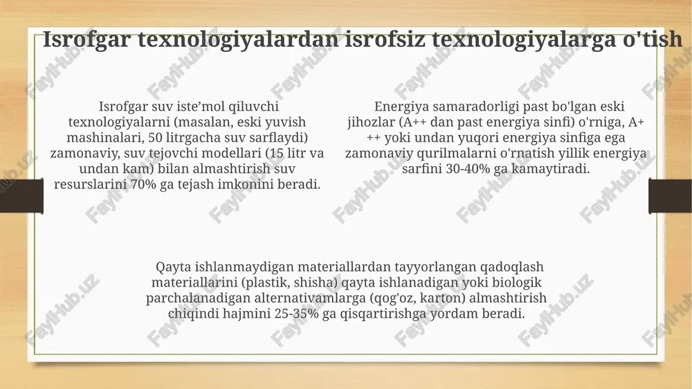 arni samarasiz sarflaydi. suv resurslaridan oqilona foydalanmaslik, masalan, qishloq xo'jaligida 20% gacha suvning behuda sarflanishi, isrofgar texnologiyalar misoli hisoblanadi. energiya samaradorligi past bo'lgan eski uskunalar va texnologiyalar, 15% gacha qo'shimcha energiya sarfini keltirib chiqarishi va shuning uchun isrofgar deb hisoblanadi. isrofgar texnologiyalar: iqtisodiy ta'siri enerji tejaydigan texnologiyalarni joriy etish 15% ga yaqin energiya sarfini kamaytirib, davlat byudjetiga sezilarli darajada mablag' tejashga olib keladi. samarali chiqindilarni qayta ishlash texnologiyalari investitsiyalarning 3-5 baravar ko'p daromad keltirishi va ish o'rinlarini yaratishi mumkin. isrofgar texnologiyalar yillik 10% ga yaqin global resurslarni sarflaydi, bu esa iqtisodiyotga 2 trillion dollardan ortiq zarar yetkazishi mumkin. isrofsiz texnologiyalar: ta'rif va misollar quyosh panellari va shamol turbinalari kabi qayta tiklanuvchi energiya manbalaridan foydalanish, 100 kvt dan ortiq quvvat ishlab chiqarishga qodir bo'lgan isrofsiz texnologiyalar misolidir. isrofsiz texnologiyalar – bu xom ashyo va energiya sarfini 30% ga kamaytiradigan, chiqindi hosil bo'lishini 10-15% ga pasaytiradigan va 2 barobar yuqori samaradorlikka erishadigan …