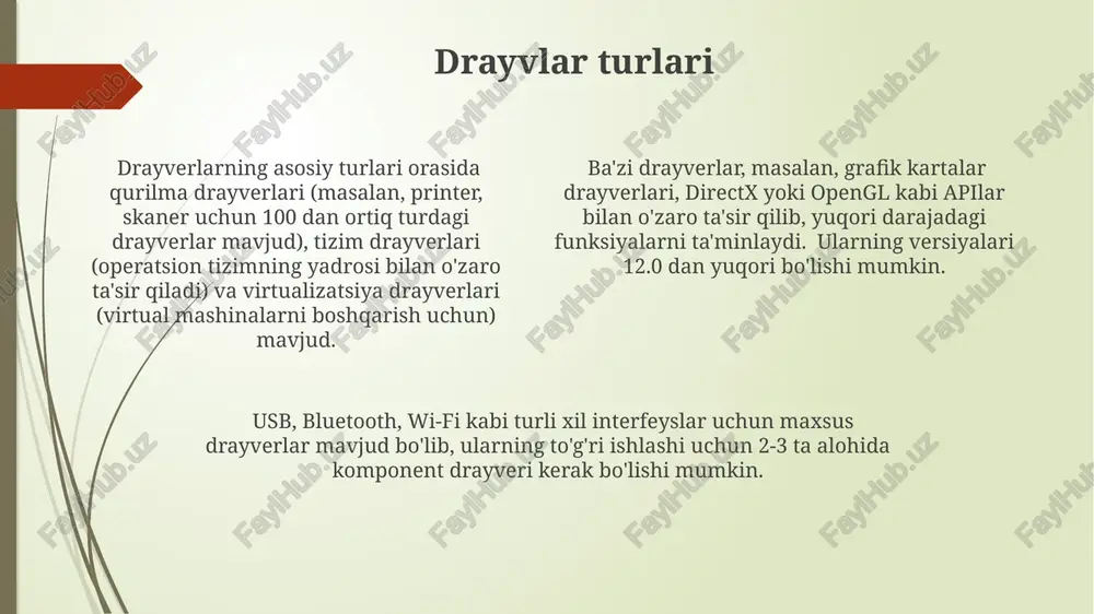 qo'lda o'rnatish zarur bo'lishi mumkin. usb flesh-xotira kabi tashqi qurilmalar uchun drayverlarni o'rnatish odatda avtomatik ravishda sodir bo'ladi, ammo ba'zi hollarda qo'shimcha dasturiy ta'minot talab qilinishi mumkin. windowsdagi qurilma menejeri (device manager) orqali 32-bit yoki 64-bit operatsion tizimiga mos keladigan drayverlarni qo'lda o'rnatish mumkin, bu esa qurilmaning to'liq ishlashini ta'minlaydi. xavfsizlik masalalari ba'zi haydovchilar kompyuterning ishlash tezligini pasaytirishi yoki resurslarni ortiqcha sarflashga olib kelishi mumkin. shuning uchun eski yoki mos kelmaydigan haydovchilardan foydalanmaslik va muntazam ravishda haydovchilarni yangilab turish kerak. noto'g'ri o'rnatilgan haydovchilar tizimning beqaror ishlashiga, ko'k ekran xatolariga (bsod) va ma'lumotlar yo'qotilishiga olib kelishi mumkin. shuning uchun haydovchini o'rnatishdan avval ehtiyot choralarini ko'rish va zahira nusxasini yaratish muhim. haydovchilarni noma'lum manbalardan yuklab olish 100% xavfsizlik kafolatini bermaydi, viruslar yoki zararli dasturlar xavfi mavjud. shuning uchun faqat ishonchli manbalardan, masalan, ishlab chiqaruvchining rasmiy veb-saytidan yuklab olish tavsiya etiladi. e'tiboringiz uchun rahmat @taqdimot_robot