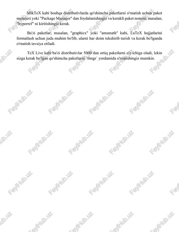 shingiz kerak. ba'zi paketlar, masalan, "graphicx" yoki "amsmath" kabi, latex hujjatlarini formatlash uchun juda muhim bo'lib, ularni har doim tekshirib turish va kerak bo'lganda o'rnatish tavsiya etiladi. tex live kabi ba'zi distributivlar 5000 dan ortiq paketlarni o'z ichiga oladi, lekin sizga kerak bo'lgan qo'shimcha paketlarni `tlmgr` yordamida o'rnatishingiz mumkin. 📌xulosa latexni kompyuterga o'rnatish jarayoni, tanlangan usulga bog'liq holda, biroz murakkab bo'lishi mumkin, biroq kerakli dasturlar va paketlarni to'g'ri o'rnatish bilan muammosiz amalga oshiriladi. muvaffaqiyatli o'rnatishdan so'ng, foydalanuvchi latex yordamida hujjatlar yaratish imkoniyatiga ega bo'ladi. 📚foydalanilgan adabiyotlar 1. latex o'rnatish bo'yicha rasmiy qo'llanma (latex project veb-saytidan). 2. overleaf onlayn latex muharriri haqida ma'lumot. 3. miktex (windows uchun latex taqsimoti) o'rnatish bo'yicha qo'llanma. 4. tex live (linux va macos uchun latex taqsimoti) o'rnatish bo'yicha qo'llanma. 5
