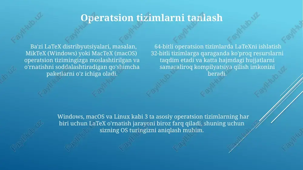 beradi. latex muharrirlarini tanlash latex muharrirlarini tanlashda, 10 dan ortiq bepul va tijoriy variantlar mavjud bo'lib, ularning har biri o'zining afzalliklari va kamchiliklariga ega, masalan, real-time ko'rish yoki kengaytmalar qo'llab-quvvatlashi. professional ishlarda, 50 dan ortiq foydalanuvchilar bilan hamkorlikda ishlash uchun mikroteks yoki sharelatex kabi hamkorlik platformalarini tanlash samarali bo'ladi. ba'zi muharrirlar, masalan, texstudio yoki overleaf, yangi boshlanuvchilar uchun soddalashtirilgan interfeysga ega bo'lib, 20 dan ortiq foydali xususiyatlarni taqdim etadi. birinchi latex hujjati latex kompilatsiyasi jarayonida 1 dan 3 gacha xatoliklarga duch kelishingiz mumkin, ularni xatolik xabarlarini diqqat bilan o'qib va \verb|...| kabi buyruqlarni tekshirib tuzatishingiz mumkin. birinchi latex hujjatingizda odatda 2 dan 5 gacha bo'lim, har biri 10-20 ta satrdan iborat bo'ladi va \section{}, \subsection{} kabi buyruqlardan foydalaniladi. hujjat tuzilishi preambulaning (2-3 qator) va hujjat tanasining (body) ikki qismdan iborat bo'lib, body qismida matn, rasmlar va jadvallar joylashadi. e'tiboringiz uchun rahmat @taqdimot_robot