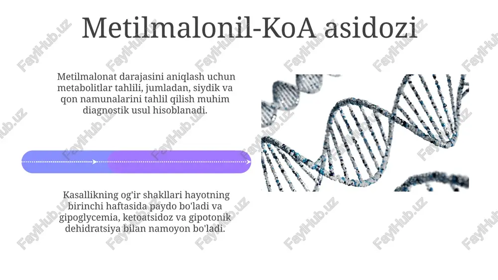 tarqalgan turi klassik galaktozemiya hisoblanadi va galt genidagi mutatsiyalar natijasida yuzaga keladi. erta tashxis qo'yish va maxsus parhezga rioya qilish orqali galaktozemiyaning og'ir asoratlarini oldini olish mumkin, bu esa bolaning rivojlanishiga ijobiy ta'sir ko'rsatadi. orgik asidozlar propionik asidoz kabi ba'zi organik asidozlar, propionil-koa karboksilaz fermentining genetik nuqsonlari tufayli rivojlanadi va bu lipidlar va oqsillar metabolizmining buzilishiga olib keladi. organik asidozlarning diagnostikasi qon va siydikdagi organik kislotalar miqdorini aniqlash orqali amalga oshiriladi, bu erda masalan, laktat va piruvat kabi metabolitlarning yuqori darajalari aniqlanadi. e'tiboringiz uchun rahmat @taqdimot_robot image4.jpg image5.jpg image6.jpg image7.jpg image8.jpg image9.jpg image10.jpg image11.jpg image12.jpg image13.jpg image14.jpg image15.jpg image16.jpg image17.jpg image18.jpg image19.jpg image20.jpg image1.jpeg image2.jpeg image3.jpeg