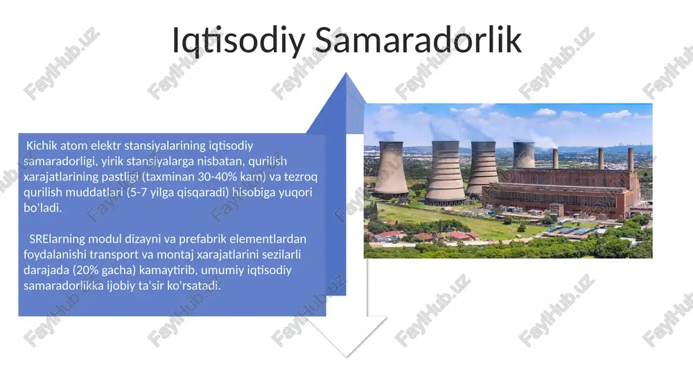 radi. ishlab chiqarish texnologiyalari kichik yadroviy reaktorlarning ishlab chiqarishida 300 mwt dan kam quvvatga ega bo'lgan bir nechta modullarni birlashtirish orqali seriyali ishlab chiqarish texnologiyalari qo'llanilmoqda, bu esa xarajatlarni sezilarli darajada kamaytiradi. prefabrikatsiya texnologiyalari yordamida, modulli reaktorlarning 70% dan ortiq qismi zavod sharoitida yig'iladi va keyinchalik o'rnatish maydoniga yetkaziladi, bu esa qurilish muddatlarini qisqartiradi va xarajatlarni optimallashtiradi. amaliy misollar va tajribalar xitoyda qurilgan va ishlayotgan bir nechta kaeslarda innovatsion sovutish tizimlari qoʻllanilmoqda, bu esa energiya ishlab chiqarish samaradorligini 15% ga oshirdi. kichik atom elektr stansiyalarining (kaes) 10 mvt dan 300 mvt gacha quvvatga ega boʻlgan turli xil loyihalari jahon boʻylab sinovdan oʻtkazilmoqda, ularning xavfsizlik va iqtisodiy samaradorlik koʻrsatkichlari taqqoslanmoqda. global bozordagi vaziyat 2023-yil holatiga ko'ra, dunyoda 15 dan ortiq mamlakat kichik yadroviy reaktorlarni ishlab chiqish va qo'llash bo'yicha faol tadqiqotlar olib bormoqda, bu esa texnologiyaning global qiziqishini ko'rsatadi. jahon boʻyicha kichik yadroviy elektr stansiyalarining quvvati 100 mvt dan 300 mvtgacha …