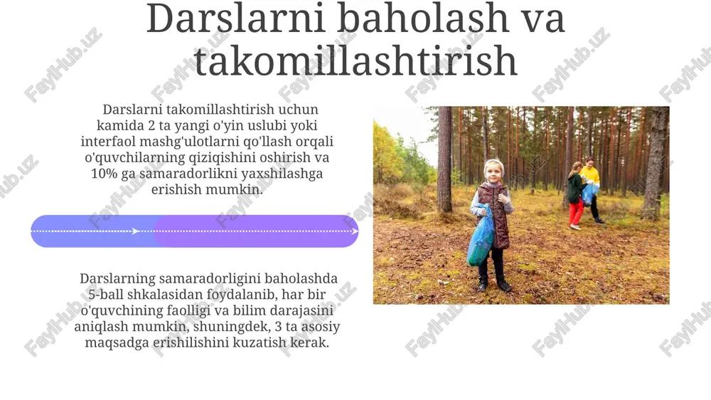 samarali tashkil qilish mumkin. har bir kichik guruh uchun alohida reja tuzishda, o'quvchilar soni (masalan, 4-6 kishi), ularning bilim darajasi va qiziqishlarini inobatga olish zarur. davomiy ta'lim va rivojlantirish o'quv jarayonida tabiiy materiallardan (masalan, 10-15 turdagi o'simliklar, toshlar) foydalanish bolalarning ijodkorligini rivojlantiradi va ularning atrof-muhitga bo'lgan munosabatini shakllantirishga yordam beradi. davomiy ta'limda 3-7 yoshli bolalar uchun tabiatga oid 5 tadan ortiq amaliy mashg'ulotlarni tashkil qilish samaradorligini oshiradi. o'quvchilarni guruhlarga bo'lish usullari o'quvchilarni qiziqishlariga (masalan, hayvonlar, o'simliklar, ob-havo) asoslangan 3-4 kishilik guruhlarga taqsimlash samarali bo'ladi, bu ularning faol ishtirokini ta'minlaydi. rangli kartochkalar yordamida (masalan, yashil, ko'k, jigarrang) tasodifiy guruhlarni shakllantirish, o'quvchilarning bir-biriga moslashuvchanligini oshiradi va teng taqsimlanishni ta'minlaydi. e'tiboringiz uchun rahmat @taqdimot_robot image4.jpg image5.jpg image6.jpg image7.jpg image8.jpg image9.jpg image10.jpg image11.jpg image12.jpg image13.jpg image14.jpg image15.jpg image16.jpg image17.jpg image18.jpg image19.jpg image20.jpg image1.jpeg image2.jpeg image3.jpeg