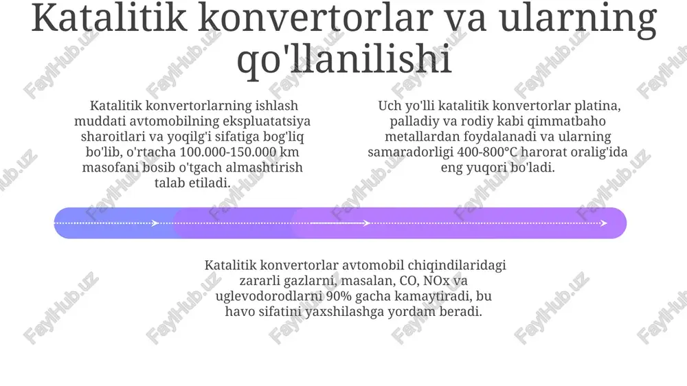islota ishlab chiqarishda so2 ning so3 ga katalitik oksidlanish jarayonida muhim rol o'ynaydi, reaksiya samaradorligini 95% ga yetkazadi. katalitik oksidlanish reaksiyalarida, masalan, ammiakning nitrat kislotaga oksidlanishida platina katalizatorining ishlatilishi 90% dan yuqori chiqish hosil bo'lishiga yordam beradi. kimyo sanoatida katalizning roli add text add text add text add text add text add text katalitik konvertorlar avtomobil chiqindilaridagi zararli gazlar (co, nox, uglevodorodlar) miqdorini 99% gacha kamaytiradi, bu ekologik muhitni muhofaza qilishga muhim hissa qo'shadi. selektiv kataliz yordamida maqsadli mahsulotning hosil bo'lish darajasini 95% gacha oshirish mumkin, bu esa chiqindilar miqdorini kamaytiradi va iqtisodiy foydani ko'paytiradi. kimyo sanoatida ishlab chiqarish jarayonlarining 90% dan ortig'i turli xil katalizatorlar ishtirokida amalga oshiriladi, bu esa energiya sarfini sezilarli darajada kamaytiradi va samaradorlikni oshiradi. katalizning mohiyati va ahamiyati 01 02 03 katalitik konvertorlar avtomobillar chiqindilaridagi zararli gazlar miqdorini 90% ga kamaytirishga yordam beradi, atrof muhitni muhofaza qilishda muhim rol o'ynaydi. fermentlar – tabiiy katalizatorlar bo'lib, …