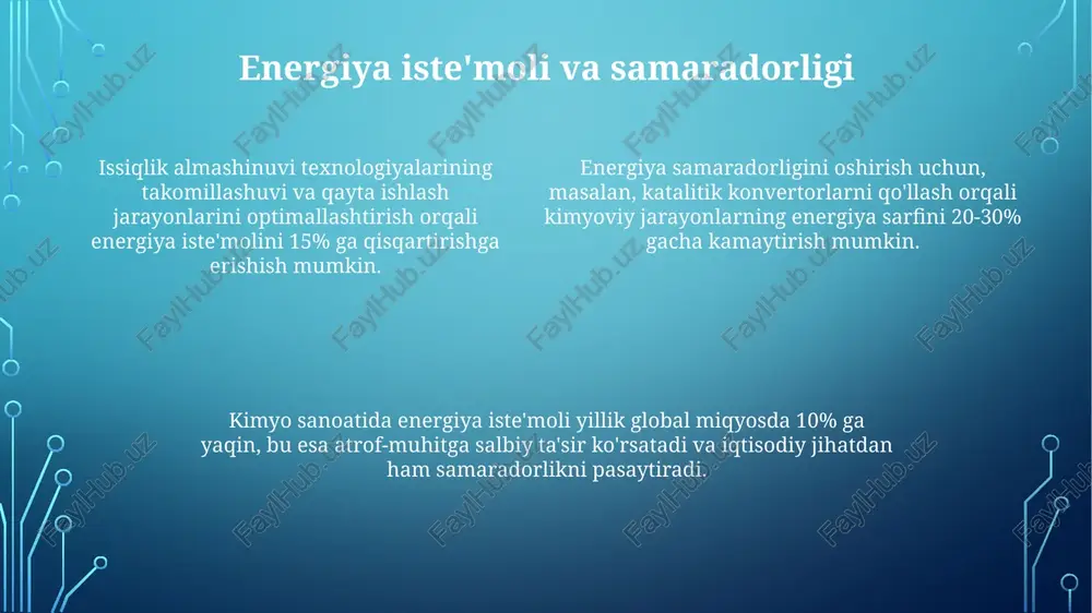 imyo sanoatida energiya iste'moli umumiy sanoat energiya iste'molining 10-15% ni tashkil etadi, bu esa energiya samaradorligini oshirishga bo'lgan ehtiyojni ko'rsatadi. kelajakdagi istiqbollar va innovatsiyalar suv elektrolitlaridan vodorod ishlab chiqarish texnologiyasini rivojlantirish va uni kimyoviy reaksiyalarda energiya manbai sifatida qo'llash bo'yicha 5 yillik istiqbolli dasturlar ishlab chiqilgan. quyosh va shamol energiyasi kabi qayta tiklanadigan energiya manbalaridan foydalanish orqali kimyoviy zavodlarning uglerod izini 15% ga kamaytirishga qaratilgan innovatsion loyihalar amalga oshirilmoqda. kimyo sanoatida energiya samaradorligini 2030-yilga borib 30% ga oshirishga qaratilgan yangi katalizatorlar va jarayonlarni ishlab chiqish bo'yicha keng ko'lamli tadqiqotlar olib borilmoqda. energiya narxlari va ta'siri energiya narxlarining o'zgarishi kimyo sanoatidagi mahsulotlarning 15-20% gacha narxlariga ta'sir ko'rsatishi mumkin. 2022 yilda kuzatilgan energiya resurslarining keskin qimmatlashuvi kimyo korxonalarining ishlab chiqarish hajmini 10% gacha kamaytirgan. kimyo sanoatida energiya sarfining 30% dan ortig'i issiqlik energiyasiga to'g'ri keladi, uning narxining oshishi ishlab chiqarish xarajatlariga salmoqli ta'sir ko'rsatadi. muqobil energiya manbalari geotermal energiya, biogaz kabi muqobil …