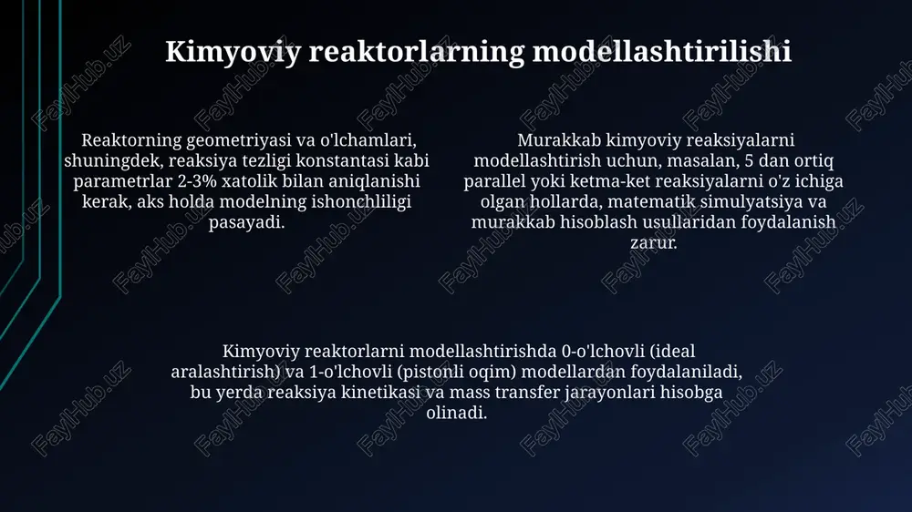 n optimal material tanlash va reaktor ichki qismining geometriyasi muhim ahamiyatga ega. optimal reaktor hajmi va shaklini tanlashda, konversiya darajasini 95% ga etkazish maqsadida, reaktsiya tezligi, massa almashinuvi va boshqa muhim parametrlarni e'tiborga olish zarur. sanoatda qo'llanilishi kimyoviy reaktorlar neftni qayta ishlash zavodlarida, masalan, kraking jarayonida 500-600°c haroratda va yuqori bosimda, 1000 kpa gacha, yog'li xom ashyoni engil fraksiyalarga ajratishda keng qo'llaniladi. mineral o'g'itlar ishlab chiqarishda ammoniy sulfat yoki karbamid sintezi kabi jarayonlarda 200-300 tonna mahsulot ishlab chiqarish quvvatiga ega bo'lgan katta hajmdagi reaktorlar ishlatiladi. katalitik konvertorlar esa avtomobil chiqindilarini tozalashda muhim rol o'ynaydi. polimerlar sintezida, masalan, polietilen yoki polipropilen ishlab chiqarishda, yillik 100 ming tonnadan ortiq mahsulot beradigan, yuqori samarali polimerizatsiya reaktorlari qo'llanilib, yuqori darajadagi sifat nazorati ta'minlanadi. doimiy oqimli reaktorlar doimiy oqimli reaktorlarning samaradorligi reynolds soni kabi gidrodinamik parametrlarga bog'liq bo'lib, bu parametr oqim tezligi va viskozitetga bog'liq. doimiy oqimli reaktorlarda reaksiya vaqti 1 dan 10 sekundgacha o'zgarib …