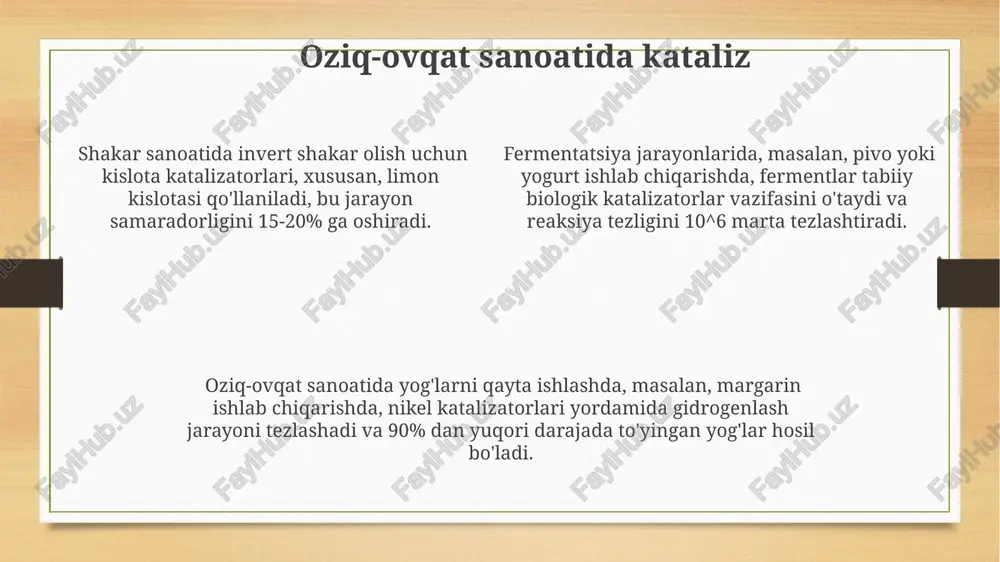 a yuqori darajada dispersiyalangan metallarni hosil qilish uchun mexanik usullar, masalan, maydalash va dispersiyalash ishlatiladi. katalitik jarayonlarning kinetikasi va termodinamikasi gibbsning erkin energiyasi (δg) ning manfiy qiymati termodinamik jihatdan reaksiyaning o'z-o'zidan ketishini ko'rsatadi, ammo reaksiya tezligi katalizatorsiz juda past bo'lishi mumkin. katalitik reaksiyalarni faollashtirish energiyasi (ea) katalizator qo'shilgandan keyin 10-100 kj/mol ga kamayishi mumkin, bu reaksiya tezligining sezilarli darajada oshishiga olib keladi. katalizatorlar reaksiya muvozanat konstantasi (kc) ni o'zgartirmaydi, faqat reaksiya tezligini, ya'ni muvozanat holatiga erishish vaqtini o'zgartiradi. geterogen kataliz geterogen katalizatorlarning faolligi va tanlanishini oshirish uchun, ularning tarkibiga promotorlar (masalan, alyuminiy oksidi) qo'shiladi va ularning yuzasi maxsus usullar bilan (masalan, 200-400°s da termik ishlov berish) tayyorlanadi. geterogen katalizda reaksiya tezligi katalizatorning sirt maydoniga bevosita bog'liq bo'lib, 1 gramm katalizatorning sirt maydoni 100-1000 m² ga yetishi mumkin, bu reaksiya samaradorligini sezilarli darajada oshiradi. geterogen katalitik jarayonlar, masalan, ammiak sintezi (haber-bosch jarayoni) yoki sulfat kislota ishlab chiqarishda, 300-500°s haroratlarda va yuqori …