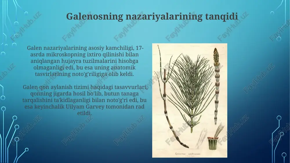 ning nomutanosibligi kasalliklarga olib kelishi mumkinligini ta'kidlaydi. galenosning anatomik tadqiqotlari galen yurak anatomiyasi bo‘yicha tadqiqotlar olib borgan bo‘lsa-da, uning kuzatishlari va tavsiflarida 2 ta qorincha va 2 ta o‘pka arteriyasini aniqlashda xatolarga yo‘l qo‘ygan. galenning anatomik rasmlari va diagrammalari o‘sha davr uchun juda murakkab bo‘lib, mushaklarning 300 dan ortiq turini tasvirlagan, ammo bu ma’lumotlarning ba’zilari noaniq va noto‘g‘ri edi. galenosning farmakologiya bo'yicha qarashlari galen o’simliklar, minerallar va hayvonlarning 70 dan ortiq dori vositalarini tavsiflaydi va ularning dozalarini, qo’llanilishini va ta’sirini batafsil bayon qilgan. uning farmakologik nazariyasi “qarama-qarshiliklar nazariyasi”ga asoslangan bo’lib, kasalliklarning sababini organizm elementlarining muvozanatining buzilishi deb hisoblagan. galenosning fiziologiyaga qo'shgan hissasi galen, nervlarning miya va orqa miya orqali tananing turli qismlariga signallar uzatishini aniqlab, 17 ta nerv juftligini va ularning funksiyalarini batafsil tavsiflagan. uning fiziologiyadagi muhim hissalaridan biri – tana suyuqliklarining (qon, balg'am, sariq va qora safro) muvozanati haqidagi nazariyasi bo'lib, u sog'liq va kasallikning asosini tashkil etadi degan …