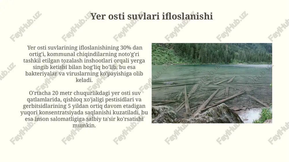 hitni muhofaza qilishga, biologik xilma-xillikni saqlashga yordam beradi, chunki ular ko'plab suv o'simliklari va hayvonlar turining yashash joyidir. suv omborlari oʻzbekistonning qishloq xoʻjaligi uchun 15 milliard kub metrdan ortiq suv taʼminotini taʼminlaydi, bu mamlakatning oziq-ovqat xavfsizligi uchun juda muhimdir. muzliklar muzliklarning o'rtacha qalinligi 100-300 metrga, ba'zi joylarda esa 1 kilometrdan oshadi, bu ulkan suv zahiralarini ifodalaydi. jahon miqyosida muzliklarning umumiy maydoni taxminan 16 million kvadrat kilometrni tashkil etadi, bu yer yuzasining 10% dan ortiqini qoplaydi. e'tiboringiz uchun rahmat @taqdimot_robot image2.jpg image3.jpg image4.jpg image5.jpg image6.jpg image7.jpg image8.jpg image9.jpg image10.jpg image11.jpg image12.jpg image13.jpg image14.jpg image15.jpg image16.jpg image17.jpg image18.jpg