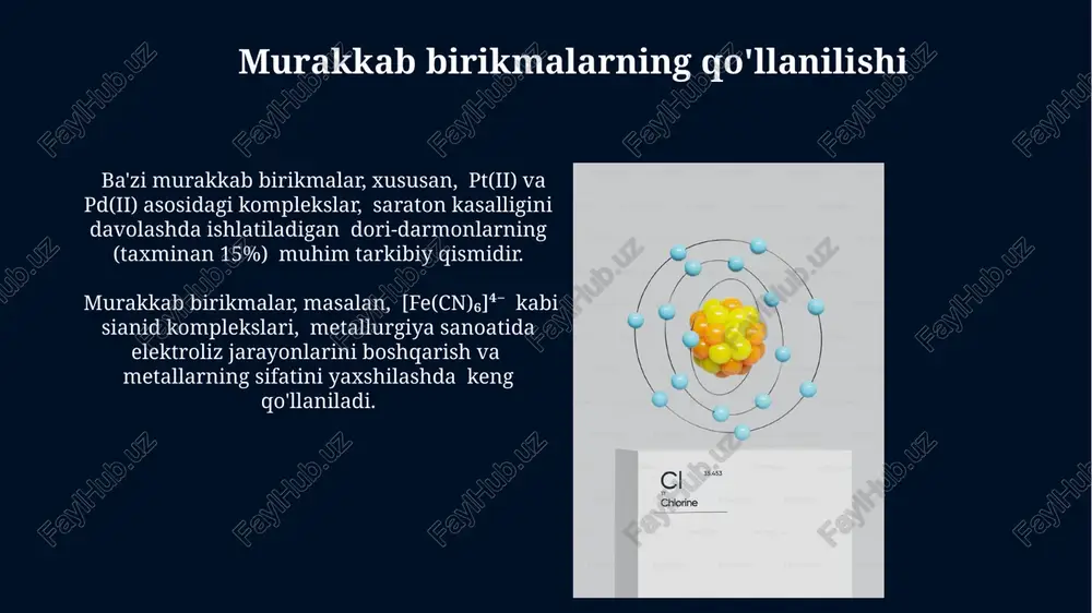 andli) yoki kvadrat tekis (4 ligandli) tuzilmalarni hosil qiladi. o'rinbosar izomeriya o'rinbosar izomeriyasi molekulalarning bir xil molekulyar formulalariga ega bo'lishiga, lekin o'rinbosarlarning fazoviy joylashuviga bog'liq holda xossalari farq qilishiga olib keladi, masalan, 2-metilpropan va butan kabi. o'rinbosar izomeriyasi organik kimyoda muhim ahamiyatga ega, chunki u molekulalarning fizik va kimyoviy xossalariga sezilarli ta'sir ko'rsatishi mumkin, masalan, qaynash temperaturasi va reaksiyaga kirishuvchanlik. murakkab birikmalarning xossalari murakkab birikmalarning ranglari tarkibidagi elementlarning turiga va ularning elektron konfiguratsiyasiga bog'liq bo'lib, misol uchun, mis(ii) sulfat (cuso₄) ko'k rangga ega. ko'p murakkab birikmalar, ayniqsa ion birikmalar, suvda yaxshi eriydi, lekin ba'zilari, masalan, ko'pgina organik birikmalar, suvda deyarli erimaydi. ularning eruvchanligi ionlarning hajmi va zaryadiga bog'liq. murakkab birikmalarning biologik ahamiyati murakkab birikmalar, masalan, gemoglobin (fe2+ saqlovchi) kabi metall komplekslari, qon orqali kislorod tashishda muhim rol o'ynaydi va organizmning normal funksiyalanishi uchun zarurdir. vitamin b12 (kobalamin) kabi murakkab birikmalar, koenzim sifatida ishtirok etib, 100 dan ortiq metabolik reaksiyalarda, shu …