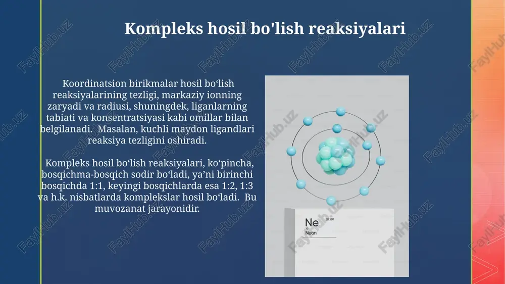 aqamlar 4 va 6 bo'lgan komplekslarni olishda, liganlarning tabiati va ularning ligandlar bilan o'zaro ta'sirining kuchiga bog'liq bo'lib, hosil bo'lgan kompleksning barqarorlik konstantasi k st 10 10 dan 10 20 gacha o'zgarib turadi. murakkab birikmalarni elektroliz usulida olishda, potensiallar farqi 2-3 v bo'lganda, katodda metall ionlari kamayib, kompleks anionlar hosil bo'ladi va bu jarayon samaradorligi elektrolitning turiga bog'liq, masalan, kcl elektrolitda 90% ga yetadi. murakkab birikmalarning biologik ahamiyati vitamin b12 (kobalamin), ko'pgina fermentlarning muhim kofaktori bo'lib, metabolitlar almashinuvida ishtirok etadi va uning tarkibida kobalt ioni mavjud. murakkab birikmalar, masalan, gemoglobin (fe2+ saqlovchi) kabi metall-o'z ichiga oluvchi komplekslar, qonning kislorod tashish jarayonida muhim rol o'ynaydi va taxminan 4 ta gemini birlashtiradi. murakkab birikmalarning qo'llanilishi murakkab birikmalar, masalan, koordinatsion birikmalar, dorilarni ishlab chiqarishda, xususan, platina asosidagi saratonga qarshi 100 dan ortiq dori vositalarini sintez qilishda muhim rol o'ynaydi. metallorganik ramkalar (moflar) deb ataluvchi murakkab birikmalar gazlarni, shu jumladan co2 ni, yuqori samaradorlikda, …