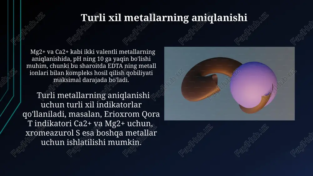 a miqdori standart zn2+ eritmasi bilan teskari titrlanadi. kompleksometrik titrlashning asosiy printsiplari kompleks hosil bo'lish reaksiyalari tez va to'liq bo'lishi, ya'ni log kf qiymati 8 dan yuqori bo'lishi, aniq natijalar olish uchun zarur shartlardan biridir. titrlash jarayonida indikatorlarning rang o'zgarishi, masalan, eriochrom black t indikatori bilan mg2+ ionlari uchun, kompleks hosil bo'lish nuqtasini aniqlashda muhim rol o'ynaydi. titrlash usullari: to'g'ridan-to'g'ri titrlash to'g'ridan-to'g'ri titrlashda 1:1 mol nisbatida reaksiyaga kirishadigan metall ionlari va liganlar (masalan, mg2+ va edta) aniqlash uchun qo'llaniladi va titrlash oxirida aniq ekvivalentlik nuqtasini aniqlash mumkin. ushbu usulda, titrlash jarayonida hosil bo'ladigan kompleks birikmaning barqarorlik konstantasining yuqori qiymati (masalan, log k > 10) yuqori aniqlikka erishishni ta'minlaydi. kompleksonometrik titrlash usullari haqida umumiy ma'lumot kompleksonometrik titrlash edta (etilendiamintetrasirka kislotasi) kabi kompleks hosil qiluvchi moddalarni qo'llash orqali metall ionlarining konsentrasiyasini aniqlashga asoslangan yuqori aniqlikdagi usul bo'lib, 0,001m gacha bo'lgan eritmalarni titrlash imkonini beradi. ushbu usul, indikatorlarning rang o'zgarishi yoki potentiometrik usullar …