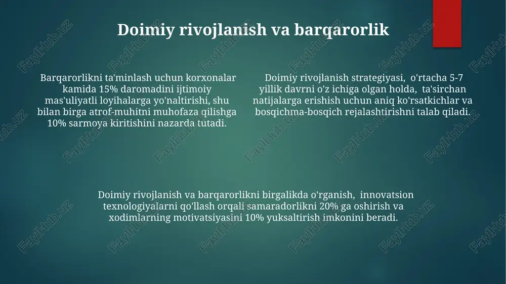 5% ga kamaytirishga yordam beradi. moliyaviy rag'batlantirish tizimini takomillashtirish va ish joyining ergonomikasini o'zgartirish, xodimlar ish qobiliyatini 10-15% ga oshirish va stress darajasini 20% ga kamaytirish imkonini beradi. korxona ichki muhitiga ijobiy ta’sir ko'rsatuvchi omillarning 70% i xodimlar o'rtasidagi o'zaro munosabatlarga, qolgan 30% i esa rahbarlarning boshqaruv uslubiga bog'liq. ijtimoiy rivojlanishni boshqarishning asosiy tushunchalari muvaffaqiyatli ijtimoiy rivojlanishni boshqarish uchun 2 bosqichli yondashuv tavsiya etiladi: birinchi bosqich – ehtiyojlarni aniqlash va strategiyani ishlab chiqish, ikkinchi bosqich – amalga oshirish va natijalarni baholash. ijtimoiy rivojlanishni boshqarish, korxona ichidagi 3 dan ortiq dasturlarni, jumladan, ko'ngillilik va ijtimoiy mas'uliyat dasturlarini o'z ichiga olishi mumkin, bu esa xodimlarni jalb qilish va ularning motivatsiyasini 20% ga oshiradi. korporativ ijtimoiy mas'uliyat (ki̇m) strategiyasini amalga oshirishda, kamida 5 ta asosiy ko'rsatkich (kpi) – ijtimoiy ta'sir, xodimlar jalb qilinishi, xarajatlar samaradorligi, brend obro'si va investitsiyalarni qaytarish darajasi – nazorat qilinadi. innovatsiyalar va ijtimoiy o'zgarishlar ijtimoiy tarmoqlar orqali fikrlarni yig'ish …
