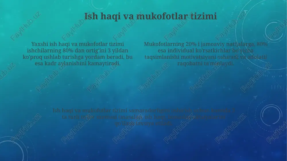 i. hrmning kelajagi sun'iy intellekt va mashinani o'rganish texnologiyalarining qo'llanilishi bilan bog'liq bo'lib, bu jarayonlarni avtomatlashtirish va samaradorlikni 30% ga oshirish imkonini beradi. xodimlarni o'qitish va rivojlantirish muvaffaqiyatli o'qitish dasturi ishlab chiqishda, o'quv ehtiyojlarini aniqlash uchun kamida 3 ta turli usul (masalan, so'rovnomalar, intervyular, ish unumdorligini tahlil qilish) qo'llanilishi kerak. o'rtacha hisobda, xodimlarni o'qitishga sarflangan har bir 1 aqsh dollari 3-4 aqsh dollari miqdorida daromad keltiradi, bu investitsiyaning yuqori rentabelligini ko'rsatadi. ishchilarning 70%i kompaniya tomonidan taqdim etilgan o'quv dasturlaridan keyin unumdorligini 15% ga oshirganligini ko'rsatuvchi tadqiqotlar mavjud. xodimlar salomatligi va xavfsizligi o'rtacha 5 yildan ortiq ish stajiga ega xodimlar orasida kasbiy kasalliklar xavfi 2 barobar yuqori bo'lgani uchun, muntazam tibbiy ko'riklardan o'tishni ta'minlash zarur. xodimlar salomatligini yaxshilash va ish qobiliyatini oshirish maqsadida sog'lom turmush tarzini targ'ib qiluvchi dasturlar, masalan, sport zaliga a'zolik yoki sog'lom ovqatlanish bo'yicha maslahatlarni taklif qilish lozim. ish joyidagi baxtsiz hodisalar sonini 30% ga kamaytirish uchun samarali …