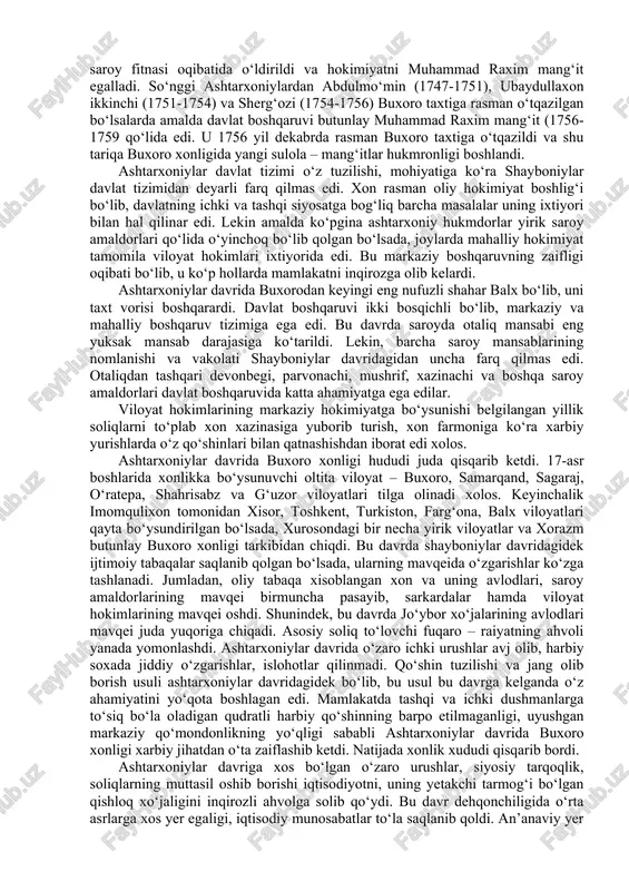 yurishlarini uyushtirib turdilar. shaharlarda hayot izdan chiqdi, butun-butun qishloqlar xuvillab qoldi. mamlakat iqtisodiy va siyosiy inqiroz yoqasiga kelib qoldi. yirik o‘zbek qabila va urug‘ boshliqlari o‘zlariga tegishli hududlarda mustahkam qo‘rg‘onlar barpo etib, markaziy hokimiyatga umuman bo‘ysunmay qo‘ydilar. bu siyosiy parokandalikdan tashqi dushmanlar ustalik bilan foydalandilar. eronda yangi sulolaga asos solgan nodirshoh qo‘shinlari 1736 yilda movarounnahrga bostirib kiradi va qarshi shahrini qamal qiladi. 1740 yilda nodirshohning o‘zi katta qo‘shin bilan kelib buxoro, qarshi, shahrisabz, samarqand va xisorni egalladi hamda katta boyliklarni olib ketdi. bu harbiy harakatlar paytida qarshi hokimi muhammad hakimbiyning o‘g‘li raximbiy mang‘it nodirshoh xizmatiga kiradi. bu muhammad raximga keyinchalik buxoro taxtini egallashga yordam berdi. 1747 yilda nodirshoh movarounnahrga yana xujum uyushtirib toshkent, o‘tror, turkistonni egalladi. shu yili abulfayzxon saroy fitnasi oqibatida o‘ldirildi va hokimiyatni muhammad raxim mang‘it egalladi. so‘nggi ashtarxoniylardan abdulmo‘min (1747-1751), ubaydullaxon ikkinchi (1751-1754) va sherg‘ozi (1754-1756) buxoro taxtiga rasman o‘tqazilgan bo‘lsalarda amalda davlat boshqaruvi butunlay muhammad raxim …