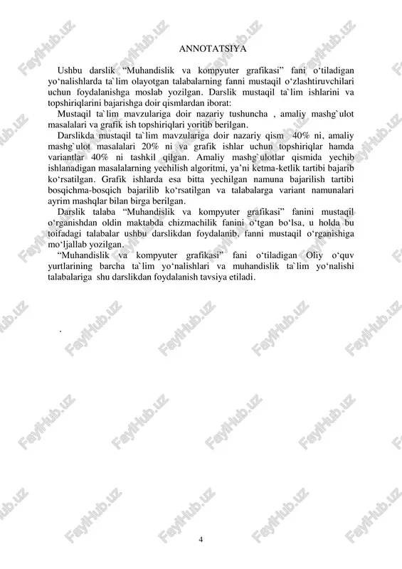 lari va bakalavrlar tayyorlashdagi o‘rni. proyeksiyalash usullari. kirish. chizma geometriya fani, uning vazifalari va bakalavrlar tayyorlashdagi o‘rni. chizma geometriya umumiy geometriyaning bir shoxobchasi bo‘lib, u narsalarni tasvirlash usullari yordamida ularning shakllari, o‘lchamlari va o‘zaro joylashishlariga tegishli pozitsion va metrik masalalarni yechishni o‘rganadi. chizma geometriya boshqa geometriyalardan o‘zining asosiy usuli tasvirlash usuli bilan farq qiladi va u matematika fanlari bilan uzviy bog‘liq bo‘lib, umumtexnika fanlaridan hisoblanadi. u o‘zining tasvirlash usullari yordamida o‘quvchining fazoviy tasavvurini kengaytiradi. tasvirlarni yasash va oldindan yasalgan tasvirlarni o‘qiy bilish, hamda amaliyotdagi turli muhandislik masalalarini yechishga yordam beradi. chizma geometriya qonun va qoidalari bilan nafaqat mavjud narsalarni, balki tasavvur qilinadigan narsalarni ham tasvirlashi mumkin. fazodagi shakllarning tekislikdagi chizmalari chizma geometriya usullari bilan ma’lum qonun-qoidalar asosida hosil qilinadi. bu chizmalar orqali buyumning fazoviy shaklini chizish va o‘lchamlarini aniqlash mumkin. chizmalar yordamida geometrik shakllarga tegishli stereometrik masalalar yechiladi. chizmalarsiz fan va texnika taraqqiyotini tasavvur qilib bo‘lmaydi. arxitektorlar va muhandislar o‘z …