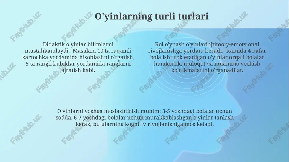 k amallarni bajarishni o'rganadilar, bu ularning kognitiv rivojlanishiga ijobiy ta'sir ko'rsatadi. didaktik o'yinlar 3-5 yoshli bolalar uchun mo'ljallangan bo'lib, ularning fikrlash, nutq va nozik motor qobiliyatlarini rivojlantirishga qaratilgan 10 dan ortiq turli xil vazifalarni o'z ichiga oladi. jismoniy tarbiya o'yinlari jismoniy tarbiya o'yinlari bolalarning 3-5 yosh oralig'ida muvozanat, koordinatsiya va kichik motorika ko'nikmalarini rivojlantirishga qaratilgan 10 dan ortiq turli xil mashq va harakatlarni o'z ichiga olishi mumkin. "qo'g'irchoqlar bilan raqs", "hayvonlarni taqlid qilish" kabi 5-7 daqiqali o'yinlar yordamida bolalarning jismoniy faolligi va ijodkorligi bir vaqtning o'zida rivojlanadi, bu ularning umumiy rivojlanishiga ijobiy ta'sir ko'rsatadi. jismoniy mashqlarning samaradorligini oshirish uchun 2-3 ta kichik guruhlarda o'tkaziladigan o'yinlar, masalan, estafeta poygalari yoki to'p o'yinlari, jamoaviy hamkorlik va raqobat ruhini tarbiyalaydi. e'tiboringiz uchun rahmat @taqdimot_robot image1.png