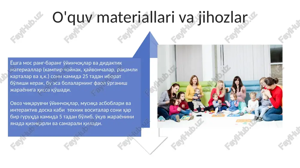 5-30% – badiiy ijod, 20-25% – amaliy mashg‘ulotlar) muvozanatini saqlash kerak. o‘yin uslubi – 3-7 yoshli bolalar bilan ishlashda asosiy uslub hisoblanadi, bu davrda o‘yin orqali bilim berish va ijtimoiy ko‘nikmalarni rivojlantirish samarali. yosh guruhlarini aniqlash yosh guruhlarini aniqlashda bolaning jismoniy va psixologik rivojlanishi, bilim darajasi va ijtimoiy moslashuvchanligi kabi omillarni hisobga olish kerak. individual yondashuv bolaning potensialini to‘liq ochishga yordam beradi. samarali ta’lim uchun har bir yosh guruhida 15-20 nafar bolani birlashtirish maqsadga muvofiqdir. bunda tarbiyachilar bolalar bilan individual ishlash va ularning rivojlanishini kuzatish imkoniyatiga ega bo‘ladilar. e'tiboringiz uchun rahmat @taqdimot_robot image4.jpg image5.jpg image6.jpg image7.jpg image8.jpg image9.jpg image10.jpg image11.jpg image12.jpg image13.jpg image14.jpg image15.jpg image16.jpg image17.jpg image1.jpeg image2.jpeg