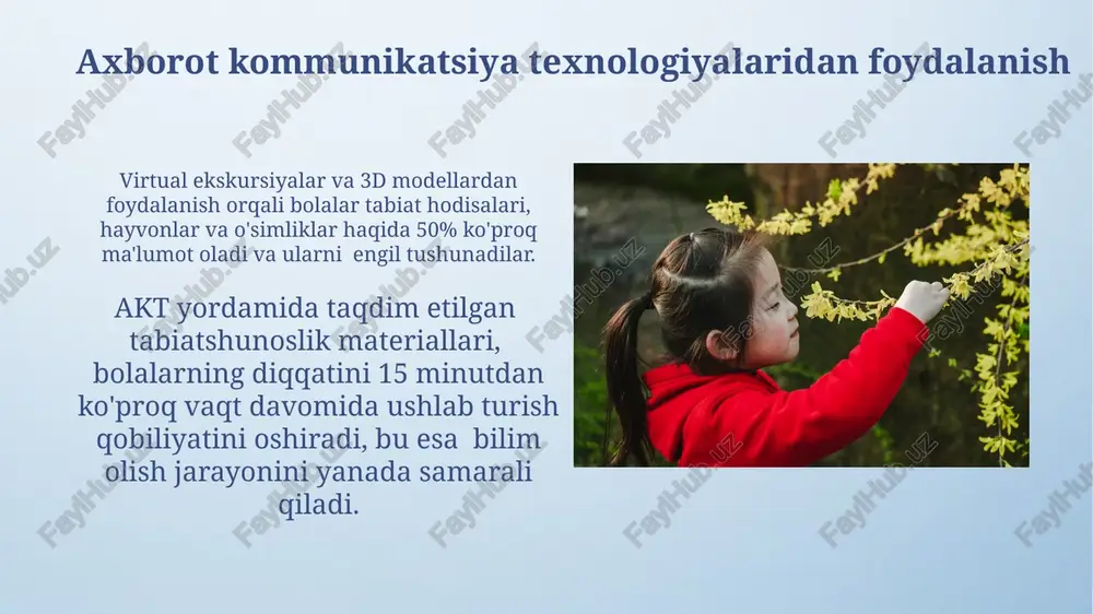 alarning mustaqil faoliyatini taʼminlashga qaratilgan boʻlishi kerak, masalan, 2-3 ta kichik guruhlar uchun alohida oʻrindiqlar, 4-6 ta turli xil oʻyinchoqlar va didaktik materiallar bilan jihozlanishi lozim. bolaning tabiat bilan o'zaro munosabatining psixologik xususiyatlari tabiat bilan muloqot bolaning hissiy-irqiy rivojlanishiga ijobiy ta'sir ko'rsatib, empatiya, mehr-oqibat va atrof-muhitga nisbatan mas'uliyat tuyg'usining shakllanishiga 50% gacha hissa qo'shadi. bolalar tabiat bilan o'zaro munosabatda bo'lish jarayonida 3-7 yosh oralig'ida sezgi-idrok, xotira va tasavvur kabi kognitiv jarayonlarning faol rivojlanishi kuzatiladi, bu esa atrof-muhitga nisbatan bilishga bo'lgan ehtiyojni oshiradi. yosh xususiyatlarini hisobga olish bolalarning jismoniy va psixologik rivojlanish darajalarini, xususan, 5-6 yoshdagi bolalarda kuzatiladigan harakatlilik va qiziqishlarining o'zgaruvchanligini inobatga olish zarur. ta’lim jarayonida individual yondashuvni ta’minlash uchun, har bir 2-3 nafar bola guruhining o'ziga xos xususiyatlari va o'yin faoliyatiga bo'lgan ehtiyojlarini hisobga olish kerak. tabiat bilan tanishtirishning nazariy asoslari jean piaget va lev vygotskiyning kognitiv rivojlanish nazariyalari tabiat bilan tanishtirish metodlarini ishlab chiqishda, bolaning yosh xususiyatlari va …