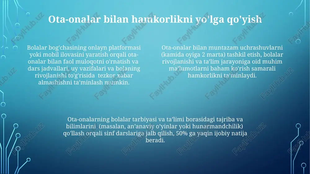 ktiv) kunlik rejaga kiritish bolalarning rivojlanishiga ko'p qirrali ta'sir ko'rsatadi. sifatni nazorat qilish va baholash sifatni nazorat qilishda kamida 3 ta asosiy ko'rsatkich (o'quv jarayoni, o'qituvchilar malakasi, bolalar rivojlanishi) baholanadi va har bir ko'rsatkich uchun 5 balldan iborat shkala qo'llaniladi. o'quv yilining oxirida o'tkaziladigan sifat nazorati natijalari asosida kamida 2 ta taklif ishlab chiqiladi va ularning amalga oshirilishi 3 oy ichida nazorat qilinadi. ta'lim sifatini baholashda 20% sinfdan tashqari faoliyatlar, 30% o'quv rejasining bajarilishi va 50% bolalarning bilim darajasiga bog'liq bo'ladi, bu esa ob'ektiv baholashni ta'minlaydi. xodimlarni malakasini oshirish va rivojlantirish pedagogik xodimlarni malakasini oshirish uchun yiliga kamida 24 soatlik malaka oshirish kurslari va seminarlarni tashkil etish, shu jumladan, zamonaviy pedagogik texnologiyalar va innovatsion uslublarni o'rgatish zarur. xodimlarni baholash tizimini joriy etish orqali 360 darajali baholash metodikasi va natijalarga ko'ra shaxsiy rivojlanish rejalari tuzish samaradorligini oshirish mumkin. kamida 5% xodimlarni chet tillarini bilish darajasini oshirish va xalqaro ta'lim standartlari bo'yicha …