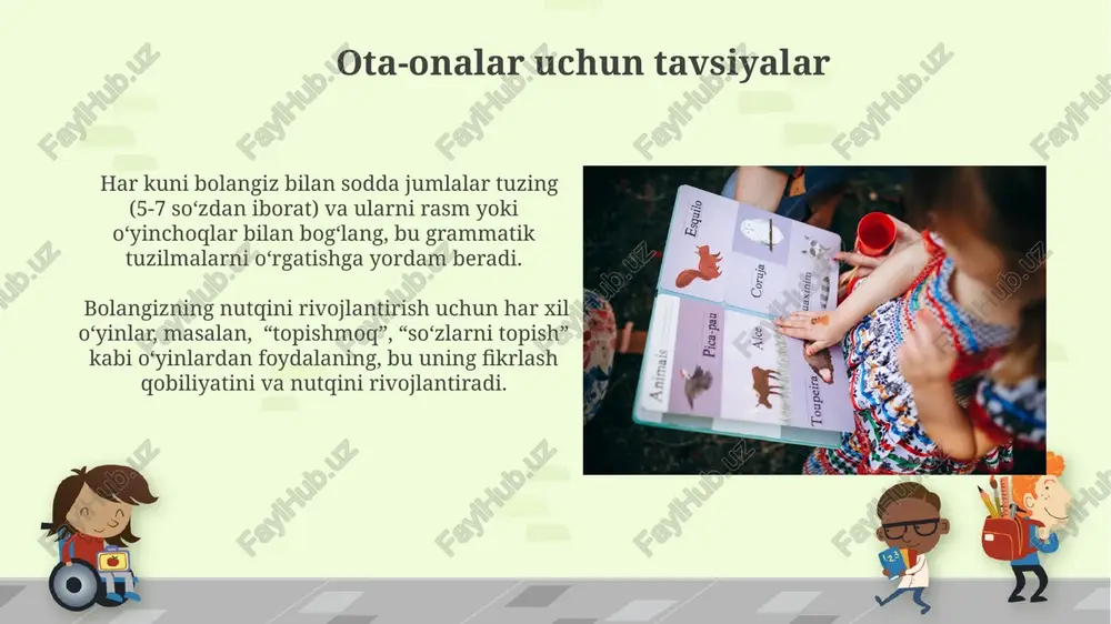 ojlanish fonetik rivojlanishda ovukulyar apparatning to'g'ri ishlashi muhim ahamiyatga ega bo'lib, til, lab, jag' va yumshoq tanglayning harakatlarining muvofiqlashuvi so'z tuzilishi uchun zarurdir. 3-5 yoshdagi bolalarda fonemalarni to'g'ri talaffuz qilishda 20 dan ortiq fonema mavjud bo'lib, ularning aksariyati 4 yoshgacha o'zlashtiriladi, lekin ba'zi murakkab fonemalarning rivojlanishi 5 yoshgacha davom etadi. nutqning individual xususiyatlari fonetik jihatdan, bolalarning tovushlarni talaffuz qilishdagi xatoliklari, masalan, shivirlash yoki almashtirish, norma hisoblanadi, lekin 4 yoshdan keyin davom etsa, logopedga murojaat qilish kerak. nutq rivojlanishining sur’ati individual farq qiladi, ba’zi bolalar 2 yoshda 50 ta so‘zdan ortiq gapirsa, boshqalari 3 yoshga kelib 20-30 ta so‘zni o‘zlashtirishi mumkin. e'tiboringiz uchun rahmat @taqdimot_robot image6.jpg image7.jpg image8.jpg image9.jpg image10.jpg image11.jpg image12.jpg image13.jpg image14.jpg image15.jpg image16.jpg image17.jpg image18.jpg image19.jpg image20.jpg image21.jpg image22.jpg image1.png
