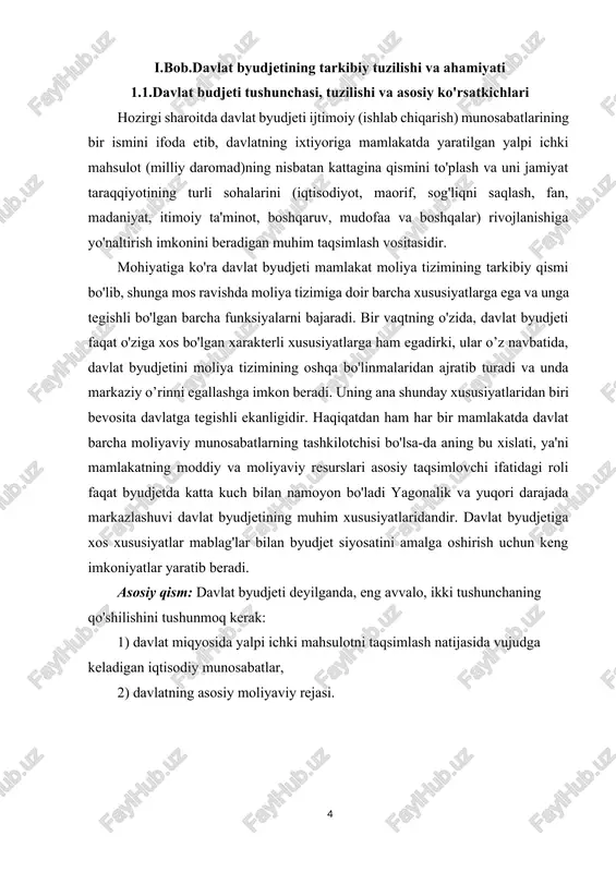 byudjetda katta kuch bilan namoyon bo'ladi yagonalik va yuqori darajada markazlashuvi davlat byudjetining muhim xususiyatlaridandir. davlat byudjetiga xos xususiyatlar mablag'lar bilan byudjet siyosatini amalga oshirish uchun keng imkoniyatlar yaratib beradi. asosiy qism: davlat byudjeti deyilganda, eng avvalo, ikki tushunchaning qo'shilishini tushunmoq kerak: 1) davlat miqyosida yalpi ichki mahsulotni taqsimlash natijasida vujudga keladigan iqtisodiy munosabatlar, 2) davlatning asosiy moliyaviy rejasi. 1-chizma:davlat byudjetining taqsimlash[footnoteref:1] [1: “budjet tashkilotlari va budjet mablag’lari oluvchilarning xarajatlar smetasi va shtat jadvallarini tuzish, tasdiqlash va ro’yxatdan o’tkazish tartibi “to’g’risidagi nizom .(o’zbekiston respublikasi qonun hujjatlari to’plami, 2021 y., 51-son, 612-modda) ] davlat byudjetining taqsimlash funksiyasi orqali uning mohiyati namoyon bo'ladi. bu davlat byudjeti tomonidan amalga oshirilayotgan taqsimlash munosabatlarining mazmunida yaqqol ko'rinadi. davlat byudjeti orqali amalga oshiriladigan taqsimlash bu jarayonning ikkinchi (oraliq) bosqichidir. shuning uchun ham davlat byudjetining taqsimlash funksiyasi o'ziga xos bo’lgan xususiyatga ega bo'lib, undan taqsimlangan yalpi ichki mahsulotni qayta taqsimlashda foydalaniladi. davlat byudjetining nazorat funksiyasi ham o'ziga …