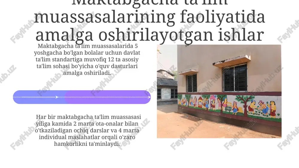 i bolalarning tayyorgarlik darajasini aniqlash uchun 20 daqiqalik testlardan foydalanib, o'quv yilining boshida va oxirida o'tkaziladi. moddiy-texnik baza markazda 3 ta o'yin xonasi, 2 ta uyqu xonasi va bitta sport zali mavjud bo'lib, ularning har biri yoshga mos ravishda jihozlangan va bexatarlik talablariga javob beradi. ta'lim jarayonini yaxshilash uchun 100 dan ortiq turdagi didaktik materiallar, shuningdek, bolalarning badiiy-estetik tarbiyasi uchun musiqa asboblari va rasm chizish uchun vositalar mavjud. badiiy-estetik tarbiya badiiy-estetik tarbiya jarayonida 5-6 yoshli bolalar uchun 20 dan ortiq turli xil qo'l mehnati faoliyatlari, masalan, modellashtirish, applikatsiya va chizmachilik turlarini o'z ichiga olgan maxsus dasturlar qo'llaniladi. ranglar, shakllar va teksturalarning uyg'unligini o'rgatish uchun, badiiy-estetik tarbiya jarayonida bolalarga 15 ta turli xil materiallardan foydalanish imkoniyati beriladi, bu ularning ijodiy qobiliyatlarini kengaytirishga yordam beradi. e'tiboringiz uchun rahmat @taqdimot_robot image4.jpg image5.jpg image6.jpg image7.jpg image8.jpg image9.jpg image10.jpg image11.jpg image12.jpg image13.jpg image14.jpg image15.jpg image16.jpg image17.jpg image18.jpg image19.jpg image20.jpg image1.jpeg image2.jpeg image3.jpeg