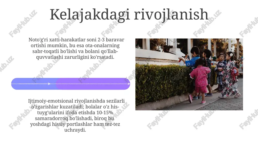 aranglikni kamaytirishga yordam beradi; bu orqali bolalar 10-15 ta turli xil rollarni o'ynab ko'rishlari mumkin. bolalar bog'chasida inqirozdan o'tish 3 yoshga to'lgan bolalarda bog'chaga moslashish davrida taxminan 20-30% chaqaloqlar ajralish tashvishi, ya'ni ota-onadan ajralish qo'rquvi bilan kurashishadi, bu esa yig'lash, uyqusizlik va ovqatdan bosh tortish kabi alomatlar bilan namoyon bo'ladi. bolalarning taxminan 60-70% bog'chaga moslashuv davrida turli darajadagi stressni boshdan kechiradi. bu stress o'yin faoliyatining pasayishi, ijodiy faoliyatning susayishi va tengdoshlar bilan munosabatlardagi qiyinchiliklar sifatida ko'rinishi mumkin. ota-onalar bilan munosabatlar ota-onalarning cheklovlari va talablariga nisbatan bolaning noroziligi 3 yoshda 70% ga yaqin bolalarda kuzatiladi, bu esa munosabatlardagi keskinlikni oshiradi. muvaffaqiyatli ijtimoiylashuv uchun bolaning his-tuyg'ularini tushunish va emotsional ehtiyojlarini qondirish ota-onalar bilan sog'lom munosabatlarni o'rnatishda 80% muvaffaqiyat kafolati hisoblanadi. ijobiy rag'batlantirish muvaffaqiyatsizlikdan keyin ijobiy munosabat va qo'llab-quvvatlash orqali bolalarning o'z-o'ziga ishonchi va ijobiy "men-tuyg'usi" 50% gacha kuchayadi. ijobiy rag'batlantirish strategiyalarini qo'llash natijasida, bolalarning 85% dan ortig'ida salbiy xulq-atvorlar 2 baravarga kamayadi. …