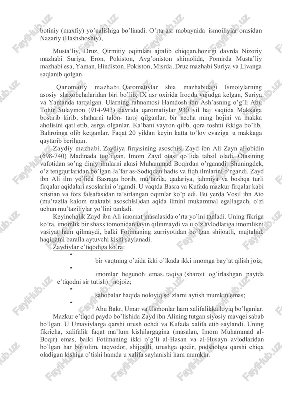 bir shaxs – axmad ibn hanbalning huquqiy qarashlari, qavl va fatvolarini namoyon etadi. ibn hanbal 780 yili bog’dodda tug’ilib, 855 yili shu yerda vafot etadi. hadis to’plash niyatida suriya, hijoz, yaman, kufa va basraga ko’p sayohat qilgan va 40 mingdan ortiq hadisni jam etgan 6 jildlik “musnad al-imom ahmad” asarini yaratgan. shuning uchun va fiqh bo’yicha hechqanday kitob yozmagani tufayli ko’plab musulmon ulamolari uni fiqh emas ko’proq muhaddis sifatida ko’radilar. biroq shogirdlari uning huquqiy qarashlari va fatvolarini to’plab, bu mazhabga aloqador huquqiy tamoyillar va qonunlarni shakllantiradilar. u “islomni bid’atlardan qutqaruvchi” degan nom olgan, mu’taziliylarga qarshi ochiqdan – ohiq kurashchilarining tashabbuskori bo’lib maydonga chiqdi. bu mazhabning o’zgalarga nisbatan ko’proq hadislarga tayanishi qonun asoslari jihatidan farq qiladi. ular hadislar mohiyatini qur’on oyatlari darajasigacha ko’tarishgan. hadislarga “qanday?” deb javob bermasdan, to’g’ridan to’g’ri ishonish zarur deganlar. hanbaliylarga binoan fiqh asoslari beshta: 1. qur’on va sunna matnlari; 2. sahobalarning fatvolari; 3. ayrim saxobalarning quron va …