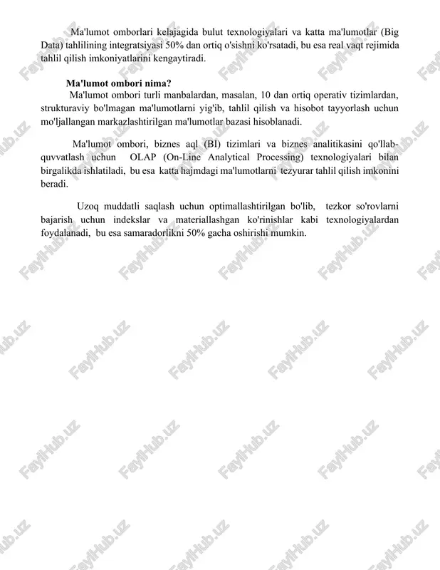ot omborlari kelajagida bulut texnologiyalari va katta ma'lumotlar (big data) tahlilining integratsiyasi 50% dan ortiq o'sishni ko'rsatadi, bu esa real vaqt rejimida tahlil qilish imkoniyatlarini kengaytiradi. ma'lumot ombori nima? ma'lumot ombori turli manbalardan, masalan, 10 dan ortiq operativ tizimlardan, strukturaviy bo'lmagan ma'lumotlarni yig'ib, tahlil qilish va hisobot tayyorlash uchun mo'ljallangan markazlashtirilgan ma'lumotlar bazasi hisoblanadi. ma'lumot ombori, biznes aql (bi) tizimlari va biznes analitikasini qo'llab-quvvatlash uchun olap (on-line analytical processing) texnologiyalari bilan birgalikda ishlatiladi, bu esa katta hajmdagi ma'lumotlarni tezyurar tahlil qilish imkonini beradi. uzoq muddatli saqlash uchun optimallashtirilgan bo'lib, tezkor so'rovlarni bajarish uchun indekslar va materiallashgan ko'rinishlar kabi texnologiyalardan foydalanadi, bu esa samaradorlikni 50% gacha oshirishi mumkin. 📌xulosa ma'lumot ombori tahliliy maqsadlar uchun ma'lumotlarning markazlashgan va tuzilgan omboridir, bu esa biznesga asoslangan qarorlar qabul qilishda samaradorlikni oshiradi va strategik ko'rinishni yaxshilaydi. u operativ ma'lumotlar bazalaridan farqli o'laroq, vaqt o'tishi bilan ma'lumotlarning tarixiy ko'rinishini saqlaydi. 📚foydalanilgan adabiyotlar 1. infomatsiya ombori: tuzilishi, …