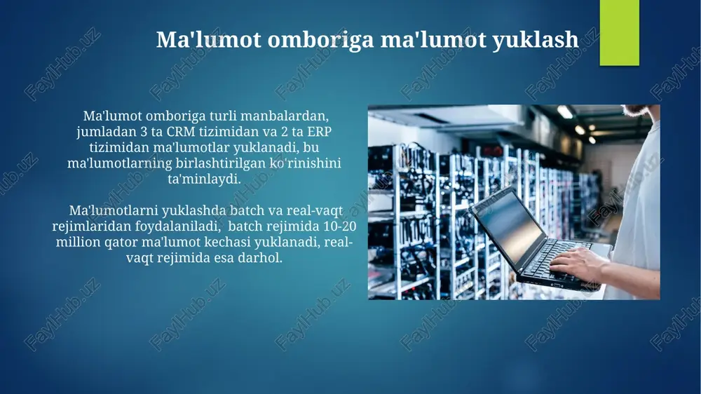un foydalanadilar. banklar mijozlarning moliyaviy operatsiyalari, kredit tarixi va boshqa muhim ma'lumotlarni o'z ichiga olgan 10 million rekorddan ortiq ma'lumotlarni tahlil qilish uchun ma'lumot omborlaridan foydalanadilar. bu esa risklarni boshqarish va biznes qarorlarini qabul qilishga yordam beradi. e'tiboringiz uchun rahmat @taqdimot_robot image6.jpg image7.jpg image8.jpg image9.jpg image10.jpg image11.jpg image12.jpg image13.jpg image14.jpg image15.jpg image16.jpg image17.jpg image18.jpg image19.jpg image2.png image3.png image4.png image5.png