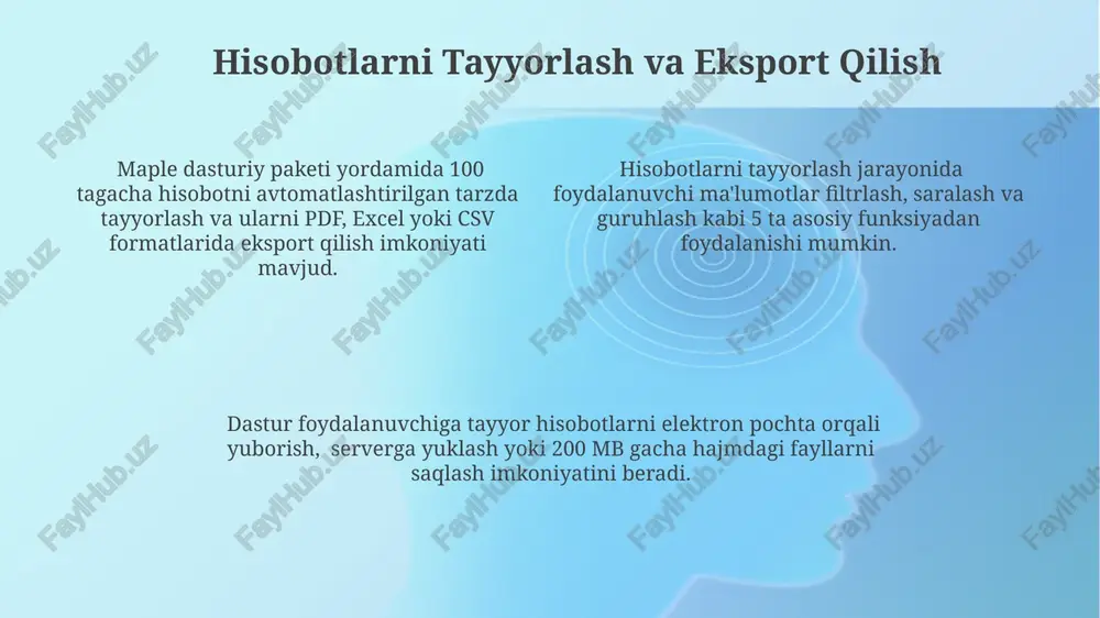urli xil tizim bilan mukammal uyg'unlik va kengaytirilgan xavfsizlik protokoli ta'minlanadi. kelgusi 6 oy ichida maple dastur to'plamining 3 ta asosiy moduliga yangi funksiyalar qo'shish va foydalanuvchi interfeysini yanada intuitiv qilish rejalashtirilgan. ma'lumotlarni kiritadigan modullar ma'lumotlarni kiritish modullari 10 dan ortiq turli formatdagi fayllarni, shu jumladan csv, excel va sql ma'lumotlar bazalarini qo'llab-quvvatlaydi. "real-time" ma'lumotlar oqimini (masalan, sensorlardan olingan ma'lumotlar) qayta ishlash uchun 1000 ga yaqin ma'lumot birligini sekundiga qayta ishlash imkoniyatiga ega modul mavjud. geospatial ma'lumotlarni kiritish uchun maxsus modul mavjud bo'lib, u koordinatalar tizimini avtomatik ravishda aniqlaydi va 30000 dan ortiq koordinata nuqtasini qayta ishlay oladi. xavfsizlik va maxfiylik maple dasturiy ta'minoti foydalanuvchi ma'lumotlarini 256-bit aes shifrlash algoritmi yordamida himoya qiladi, bu esa yuqori darajadagi ma'lumotlar xavfsizligini ta'minlaydi. ilovaning maxfiylik siyosati gdpr va ccpa kabi xalqaro standartlarga mos keladi va foydalanuvchilarning shaxsiy ma'lumotlarini qat'iy himoya qilishni kafolatlaydi. dastur 3-darajali autentifikatsiya tizimidan foydalanadi, bu esa noqonuniy kirishga qarshi qo'shimcha …
