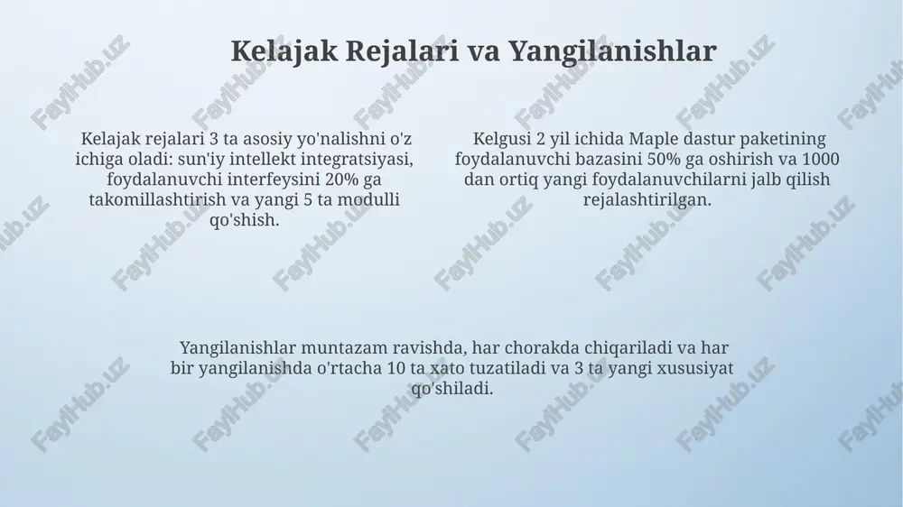 klarni aniqlash tizimi 1000 dan ortiq turdagi xatolarni aniqlaydi va ular haqida batafsil ma'lumot beradi, shu jumladan xato kodlari va takliflar. xatoliklarni bartaraf etish jarayoni o'rtacha 2 daqiqadan kam vaqtni oladi, bu esa foydalanuvchilarning ish samaradorligini oshiradi va vaqtni tejaydi. dastur 95% hollarda avtomatik ravishda xatolarni tuzatadi, qolgan 5% esa qo'lda tuzatishni talab qiladi, bu esa mutaxassislarga diagnostika va tuzatish uchun kerakli vositalarni taqdim etadi. foydalanuvchi interfeysi foydalanuvchi interfeysi, murakkab matematik hisob-kitoblarni amalga oshirish uchun 100 dan ortiq funksiya va buyruqlarni o'z ichiga oladi, shuningdek, kodlarni tahrirlash uchun qulay muhit taqdim etadi. maple dasturiy ta'minotining foydalanuvchi interfeysi intuitiv bo'lib, 20 dan ortiq turli xil grafik elementlar va 5 ta asosiy menyu bo'limidan iborat. interfeysning moslashuvchanligi, 3 ta turli xil ko'rinish rejimlari va individual sozlash imkoniyatlari bilan foydalanuvchiga optimal ish muhitini yaratishga imkon beradi. e'tiboringiz uchun rahmat @taqdimot_robot image4.png image3.jpeg