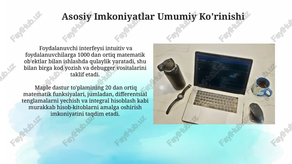 stik tahlil va ma'lumotlarni vizualizatsiya qilish kabi 50 dan ortiq algoritm qo'llab-quvvatlanadi. maple'ning kuchli dasturlash tili protsessual va obyektga yo'naltirilgan dasturlash uslublarini qo'llab-quvvatlaydi va keng ko'lamli kutubxonalar orqali 200 dan ziyod matematik funksiyalarni taqdim etadi. xavfsizlik va maxfiylik tizim, kirishga urinish soni chegaralanib, 3 ta muvaffaqiyatsiz urinishdan keyin bloklanadi, bu esa noqonuniy kirish xavfini kamaytiradi. maple dasturiy ta'minoti 256-bit aes shifrlash algoritmini qo'llab, foydalanuvchi ma'lumotlarining yuqori darajadagi maxfiyligini ta'minlaydi. muammolarni hal qilish va yechimlari maple dasturiy ta'minoti 1000 dan ortiq muammoni hal qilishga qodir bo'lib, ularning 70%i algebraik tenglamalarni yechishga oiddir. dastur sonli va ramziy hisoblashlarni qo'llab-quvvatlab, murakkab matematik ifodalarni soddalashtirish va tahlil qilish imkonini beradi, natijalarni grafik ko'rinishda ham taqdim etadi. e'tiboringiz uchun rahmat @taqdimot_robot image2.jpg image3.jpg image4.jpg image5.jpg image6.jpg image7.jpg image8.jpg image9.jpg image10.jpg image11.jpg image12.jpg image13.jpg image14.jpg image15.jpg image16.jpg image17.jpg image18.jpg image1.png