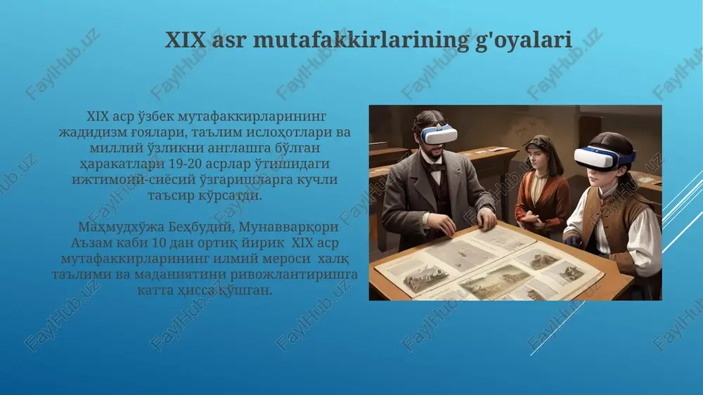 y maktablar movarounnahrdagi ilmiy-falsafiy maktablardagi ta'lim jarayoni an'anaviy darsliklar, munozaralar va mustaqil tadqiqotlar orqali amalga oshirilgan, bu esa yuqori malakali mutaxassislarni etishtirishga xizmat qilgan. bu maktablarda 20 dan ortiq taniqli olim va faylasuflar faoliyat yuritib, ilmiy-falsafiy merosni boyitganlar, ularning asarlari ko'plab nusxalarda qo'lyozmalar shaklida saqlanib qolgan. o'rta osiyo mutafakkirlarining jahon sivilizatsiyasiga qo'shgan hissasi 12-asrda o'rta osiyoda yashagan al-beruniyning 150 dan ortiq ilmiy asari, jumladan, geografiya, astronomiya va tarixga oid tadqiqotlari jahon ilmining taraqqiyotiga sezilarli hissa qo'shgan. o'rta osiyo mutafakkirlarining astronomiya sohasiga qo'shgan hissasi, masalan, al-xorazmiyning algebra va trigonometriya bo'yicha 9-asrda yozilgan asarlari orqali jahon ilmini boyitganini ko'rsatadi. zamonaviy markaziy osiyo mutafakkirlarining fikrlari zamonaviy o'zbekiston mutafakkirlarining 30% dan ortig'i globalizatsiya jarayonlarini milliy qadriyatlarni saqlash bilan uyg'unlashtirish muhimligini ta'kidlamoqdalar. so'nggi 10 yilda nashr etilgan 500 dan ortiq ilmiy maqola mintaqadagi ijtimoiy-iqtisodiy taraqqiyotning ekologik jihatlarini tahlil qilishga bag'ishlangan. e'tiboringiz uchun rahmat @taqdimot_robot image1.jpg image2.jpg image3.jpg image4.jpg image5.jpg image6.jpg image7.jpg image8.jpg image9.jpg image10.jpg image11.jpg …