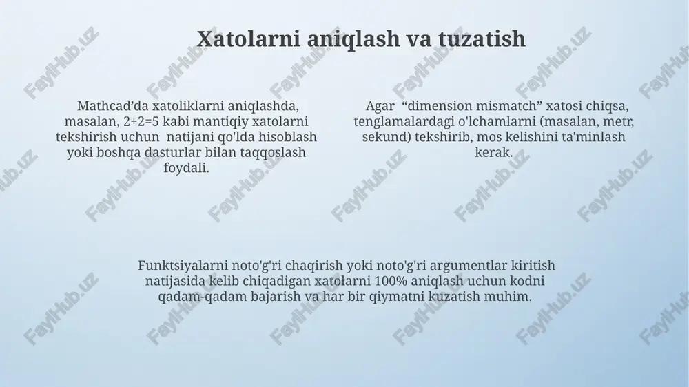 iq o'zgaruvchilar o'rtasidagi bog'liqlikni 0.05 ahamiyat darajasida aniqlash mumkin. mathcad, gistogrammalar, tarqalish diagrammalari va boshqa ko'plab vizualizatsiyalarni yaratish orqali 20 ta turli o'zgaruvchining statistik taqsimotini samarali tahlil qilish imkonini beradi. raqamli hisob-kitoblar raqamli integrallarni va differentsial tenglamalarni, hatto 10 ga yaqin o'zgaruvchili murakkab tizimlarni ham mathcad yordamida aniq va tezkor hal qilish mumkin. matritsa va vektorlar bilan ishlashda mathcad 20x20 gacha bo'lgan matritsalar ustida turli xil amallarni, jumladan, teskari matritsalarni hisoblash va determinantlarni topishni ta'minlaydi. mathcad yordamida murakkab matematik ifodalarni, masalan, 3x³ + 5x² − 2x + 8 kabi polinomlarni hisoblash va soddalashtirish imkoniyatini beradi, bu esa raqamli hisob-kitoblarni ancha osonlashtiradi. tenglamalarni yechish mathcad, 20 dan ortiq noma'lumli tenglamalar sistemasini, jumladan, lineer va nolga teng bo'lmagan tenglamalarni sonli usullar yordamida samarali hal qila oladi. muayyan chegaralardagi 1000 ta tenglamani o'z ichiga olgan katta hajmdagi muammolarni mathcad'da iterativ usullar orqali tez va aniq yechish mumkin. mathcad yordamida tenglamalarni analitik va sonli …