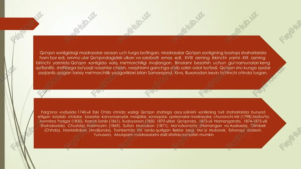 m) boʻlib, sunʼiy tepalikka baland gʻishtin poydevorli qilib qurilgan. xudoyorxon oʻrdasining asosiy sharqiy tomonini tashkil etuvchi peshtoq gumbazli darvozaxona hamda uning ikki qanotida joylashgan xonalargina saqlangan, qolgan qismi qayta taʼmirlangan. bosh tarzi bir qavatli qilib bunyod etilgan, pishiq gʻishtdan (26x26x5 sm) ganch suvoqda terilgan devorlarga bir gʻisht chuqurligida ravoqlar ishlangan. peshtoq oʻrda devoridan birmuncha boʻrttirib oldinga chiqarib qurilgan, baland va hashamatli, peshtoqning ikki yoni va tarzlarining ikki burchaklarida gumbazli mezanalar bilan yakunlangan guldastalar bor. xudoyorxon oʻrdasi bosh tarzi ravoqlari, peshtoq va guldastalaridagi handasaviy naqshlar koshinlar, sirkori parchinlardan mahorat bilan yaratilgan. peshtoq orqali toʻrtburchak tarhli darvozaxonaga oʻtiladi, darvozaxona gumbazi oʻzaro kesishgan ravoqli asos ustiga qoʻyilgan; gumbaz usti, oʻz navbatida, qubbali mezana bilan yakunlangan, undagi panjarali darchalar orqali ichkariga yorugʻlik tushadi. oʻrdaning bosh tarzi, xonalar koshinlar, oʻyma ganchkori naqshlar bilan bezatilgan, shiftlari hovuzakli boʻlib, ularga gullar solingan, xonalarning tepa qismi sharafalar bilan hoshiyalangan, ayrim xonalarning poliga parket terilgan, ayvonlar sahniga marmar yotqizilgan, …