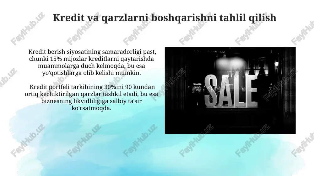 larni boshqarish va ularni kamaytirish mahsulot sifatini nazorat qilish tizimini yaxshilash orqali 5% ga xavflarni kamaytirish va 15% ga sotuvlarni oshirish mumkin. xavflarni boshqarishda 10% ga yaqin xatoliklar inson omiliga bog'liq bo'lib, bu esa 20% ga yaqin daromad yo'qotishlariga olib kelishi mumkin. hisobot tayyorlash va taqdim etish hisobotda kamida 3 ta asosiy mahsulot guruhi bo'yicha 5 yildagi sotuv dinamikasi ko'rsatilishi va ularning o'sish sur'ati (%), foizda ifodalanishi kerak. taqdimot davomida 10 tadan ortiq slayddan foydalanib, har bir muammoning yechimlari uchun aniq 2-3 ta taklif berish tavsiya etiladi. sotuv jamoasining samaradorligini baholash sotuvlar auditini o'tkazish natijasida aniqlangan kamchiliklarning 30% to'g'ridan-to'g'ri mahsulot sifati va marketing strategiyasiga bog'liq bo'lishi mumkin. savdo jamoasining samaradorligini baholashda, 20% dan ortiq mijozlarning yo'qolishi sotuv jarayonidagi muammolarni ko'rsatadi va chuqurroq tahlilni talab qiladi. e'tiboringiz uchun rahmat @taqdimot_robot image2.jpg image3.jpg image4.jpg image5.jpg image6.jpg image7.jpg image8.jpg image9.jpg image10.jpg image11.jpg image12.jpg image13.jpg image14.jpg image15.jpg image16.jpg image17.jpg image18.jpg image1.png