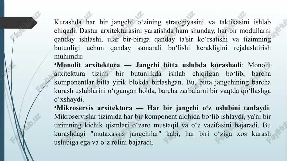 i tuzatish zarur. ma'lumotlar bazasida ham zaxira tizimlarini test qilish va ma'lumotlarni tiklash imkoniyatlarini tekshirish kerak. kurashda sportchilar raqibdan himoya qilishni o‘rganadilar, zarbalardan va hujumlardan saqlanishadi. dastur va tizim xavfsizligini ta'minlash ham shunga o‘xshaydi. xavfsizlik strategiyasi tizimni turli xavflardan himoya qilishga yo‘naltirilgan. xavfsizlikni ta'minlashning asosiy jihatlari: ma'lumotlarni shifrlash (encryption): kurashda himoya qilish zarurligini unutmaslik kerak. tizimda foydalanuvchi ma'lumotlarini va maxfiy ma'lumotlarni himoya qilish uchun shifrlash usullarini joriy etish zarur. bu sportchining o‘zini himoya qilishiga o‘xshaydi, u zarbalardan saqlanishni biladi va muvaffaqiyatga erishish uchun qarorlar qabul qiladi. avtorizatsiya va autentifikatsiya (authentication & authorization): kurashdagi sportchi qanday usullar bilan raqibni tahlil qilib, ularning kuchli tomonlarini aniqlasa, dasturda ham foydalanuvchilarning kimligini tekshirish va ruxsat berish zarur. bu jarayon yordamida tizim faqat ishonchli foydalanuvchilarga kirishga ruxsat beradi. zarbalardan himoya qilish (intrusion detection): kurashda sportchining raqibining hujumlariga qarshi turganini ko‘rish mumkin. dastur xavfsizligida ham xuddi shunday, tizimni noqonuniy kirishlardan va xakerlik hujumlaridan himoya qilish kerak. …