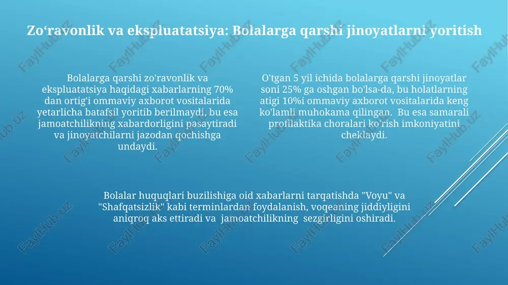 odeksi bilan tanishtirildi. oavda bolalar huquqlari to‘g‘risida axborot ta’minoti bolalar huquqlari to‘g‘risidagi axborotlarning 70% dan ortig‘i ijobiy va quvvatlovchi xabarlar bo‘lishi, salbiy holatlarni esa ehtiyotkorlik bilan va professional tarzda yoritish muhim. oavda bolalar huquqlari to‘g‘risida kamida 10 ta milliy va xalqaro tashkilotlarning hisobotlari tahlil qilinishi kerak, bu esa samarali axborot ta’minoti uchun zarur ma’lumotlar bazasini yaratadi. oavda bolalar huquqlari masalalari bo‘yicha kamida yiliga 5 ta keng ko‘lamli tadbirlar (konferensiyalar, treninglar) o‘tkazish orqali jamoatchilik ongiga ta’sir ko‘rsatish mumkin. oavdagi bolalar huquqlari buzilishi holatlarini tahlil qilish oavdagi bolalar huquqlarining buzilishi, jumladan, zo'ravonlik va ekspluatatsiya tasvirlari bilan bog'liq 300 dan ortiq holat aniqlangan bo'lib, ularning aksariyati qiz bolalarga qaratilgan. tahlil shuni ko'rsatdiki, oavdagi 75% bolalar huquqlari buzilishi holati, nomaqbul tarkib tufayli yosh chegaralarining e'tiborsiz qoldirilishi bilan bog'liq. o'rganish davomida, bolalar huquqlarini himoya qilishga bag'ishlangan 15 ta qonun hujjatlari oavda etarlicha aks etmaganligi aniqlandi, bu esa huquqiy ongni oshirish bo'yicha muammolarni ko'rsatadi. bolalar huquqlari …