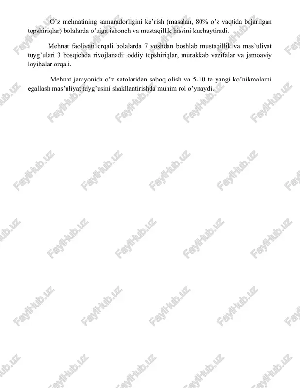 n boshlab mustaqillik va mas’uliyat tuyg’ulari 3 bosqichda rivojlanadi: oddiy topshiriqlar, murakkab vazifalar va jamoaviy loyihalar orqali. mehnat jarayonida o’z xatolaridan saboq olish va 5-10 ta yangi ko’nikmalarni egallash mas’uliyat tuyg’usini shakllantirishda muhim rol o’ynaydi. 📌xulosa mehnat faoliyatining ta'limdagi ahamiyati uning ta'lim oluvchilarning amaliy ko'nikmalarini rivojlantirishi, mustaqillikni oshirishi va jamiyatdagi o'z o'rnini anglashiga yordam berishida namoyon bo'ladi. bu esa ularning kelajakdagi muvaffaqiyatlari uchun muhim omil hisoblanadi. 📚foydalanilgan adabiyotlar 1. dewey, j. (1938). experience and education. new york: macmillan. 2. freire, p. (1970). pedagogy of the oppressed. new york: continuum. 3. katz, l. g. (1990). the case for project-based curriculum. young children, 45(3), 12-17. 4. kohn, a. (1993)