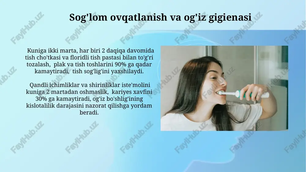 a jiddiy asoratlardan saqlaydi. og'iz bo'shlig'ining anatomiyasi va fiziologiyasi tuyunuvchi retseptorlarning zich joylashuvi tufayli og'iz bo'shlig'i harorat, bosim va ta'm kabi turli stimullarni sezishga qodir, bu esa ovqat hazm qilish jarayonini boshqarishda muhim ahamiyatga ega. og'iz bo'shlig'ida 32 ta doimiy tish mavjud bo'lib, ularning har biri individual anatomik tuzilishga ega va tishlarning chaynash, talaffuz va estetik funksiyalarida muhim rol o'ynaydi. og'iz gigienasi vositalari og'iz gigienasi vositalarining samaradorligi to'g'ri tanlash va muntazam qo'llashga bog'liq bo'lib, kuniga kamida 2 marta tish cho'tkasi va tish pastasi bilan tozalash tavsiya etiladi. tish iplari yordamida kuniga kamida bir marta tish orasidagi oziq-ovqat qoldiqlarini tozalash, kariyes va gingivit xavfini 40% gacha kamaytiradi. tishlardagi dog'lardan tozalash tishlardagi chuqur dog'larni oldin olingan ta'sirchan tarkibli maxsus tish pastalari yoki professional tish tozalash xizmati yordamida tozalash mumkin, bunday muolajalarni tish shifokori bilan maslaxatlashgan xolda amalga oshirish zarur. og'iz bo'shlig'ining kislotali muhitini neytrallashtirish va dog'lar paydo bo'lishini kamaytirish uchun kuniga kamida …