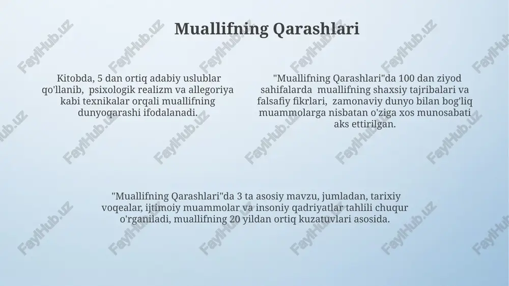 haxsiy tajribalari va his-tuyg'ulariga asoslangan 15 ta real voqealarni o'z ichiga oladi, bu esa ularning kitobga bo'lgan munosabatini chuqurroq qiladi. kitobda keltirilgan psixologik tahlillar va 5 ta muhim mavzu bo'yicha misollar o'quvchilarning o'z-o'zini anglash darajasini oshirib, o'z-o'zini tarbiyalashga yordam beradi. e'tiboringiz uchun rahmat @taqdimot_robot image4.png image3.jpeg